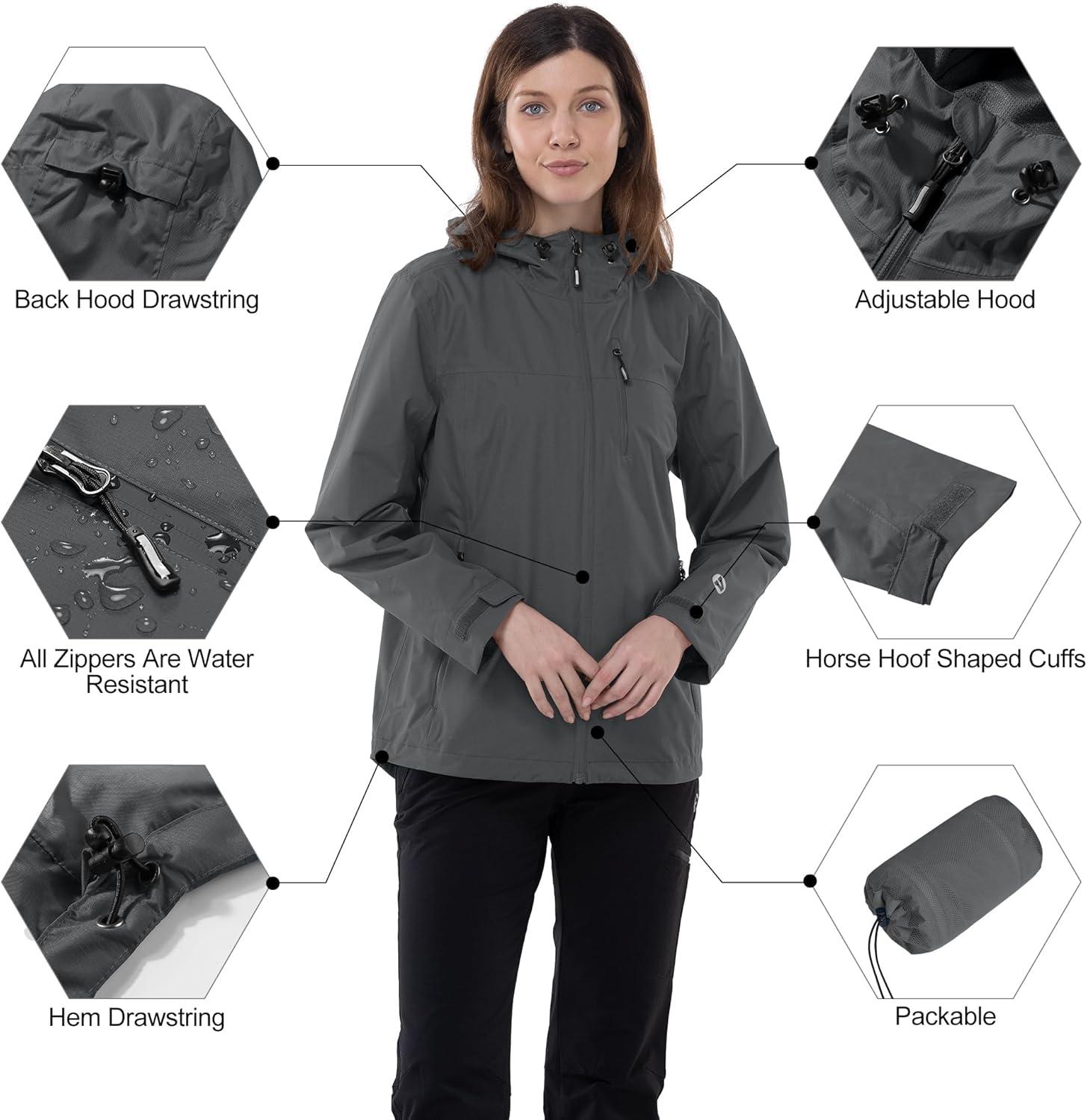 Outdoor Ventures Packable Rain Jacket Women Lightweight Waterproof Raincoat with Hood Cycling Bike Jacket(Plain Grey)