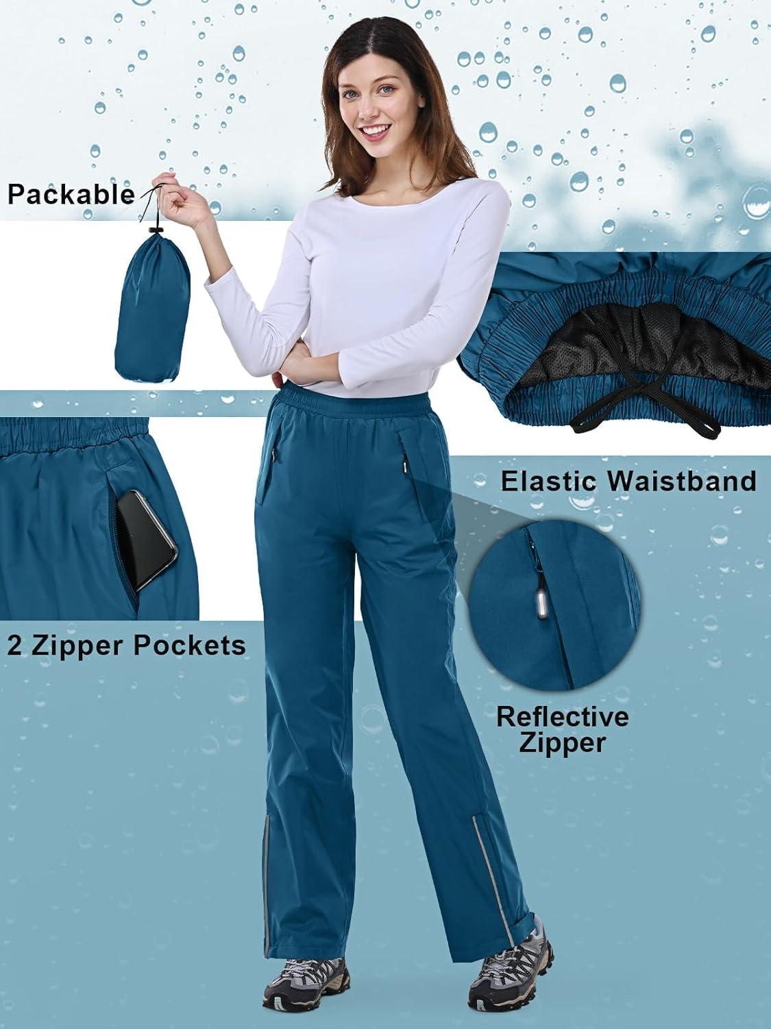 Outdoor Ventures Women’s Rain Pants Packable Waterproof Hiking Pants Windproof Breathable Outdoor Rain Over Pants(Moroccan Blue)