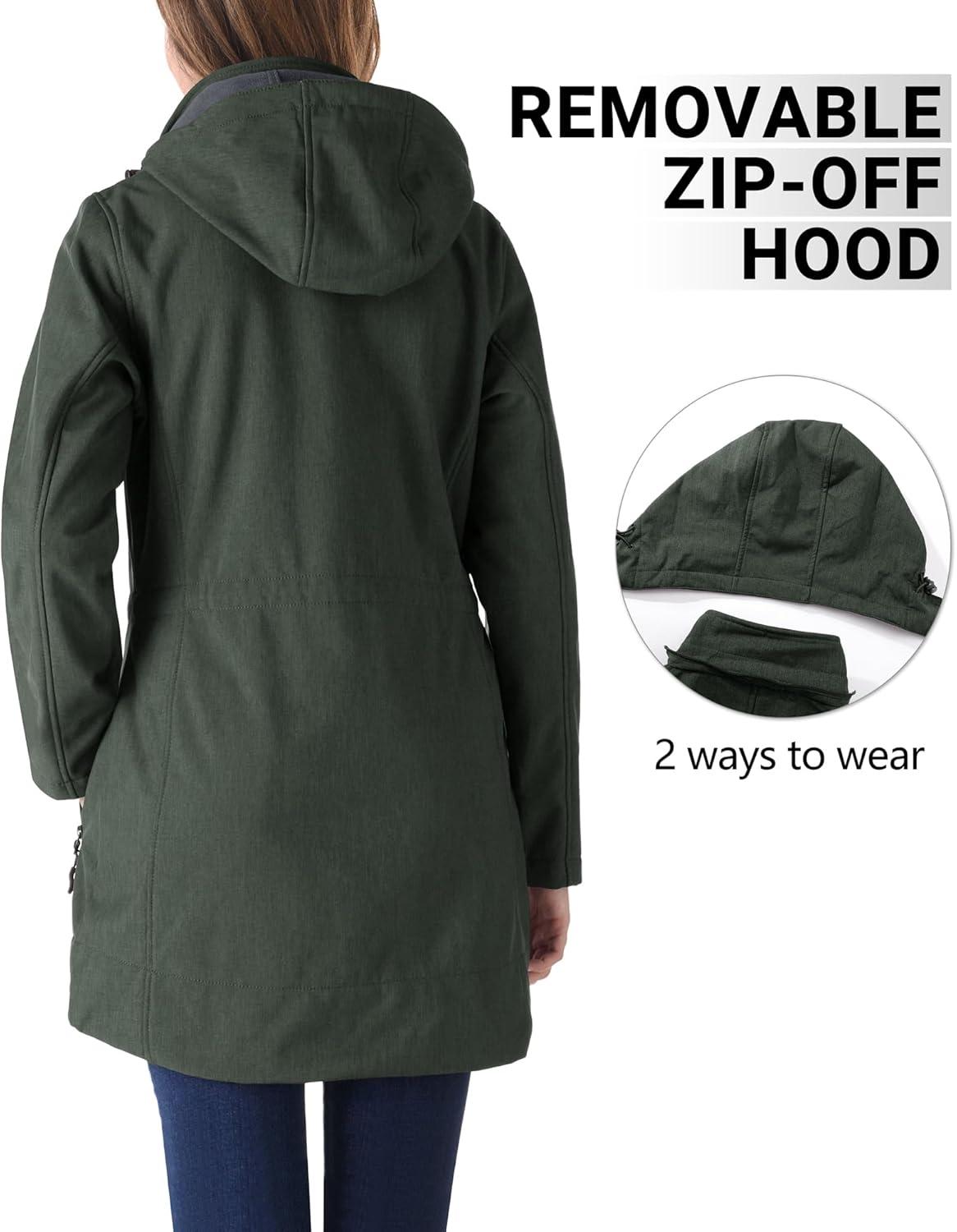 Outdoor Ventures Women’s Softshell Jacket with Removable Hood Fleece Lined Windbreaker Insulated Long Warm Rain Jacket(Dark Green Heather)