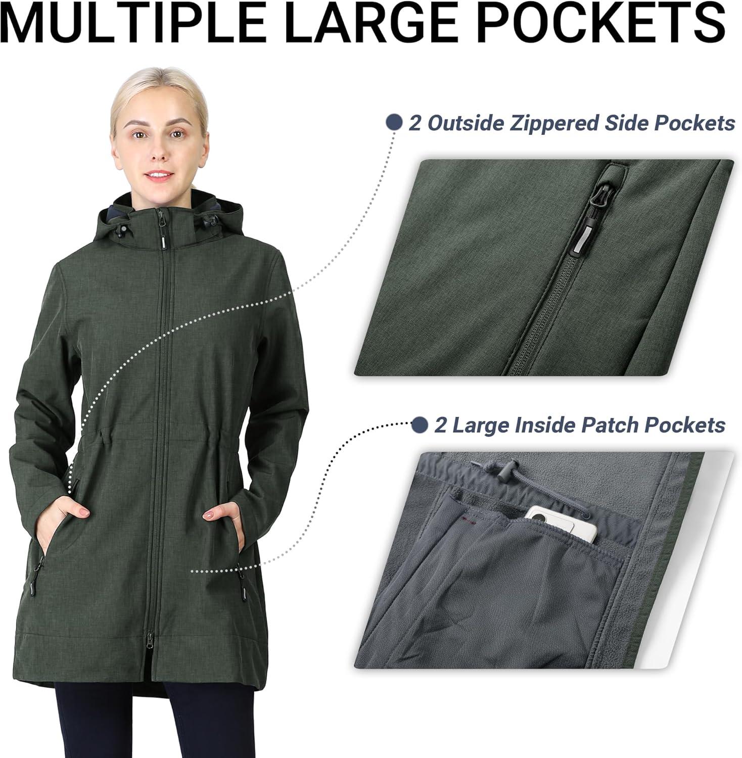 Outdoor Ventures Women’s Softshell Jacket with Removable Hood Fleece Lined Windbreaker Insulated Long Warm Rain Jacket(Dark Green Heather)