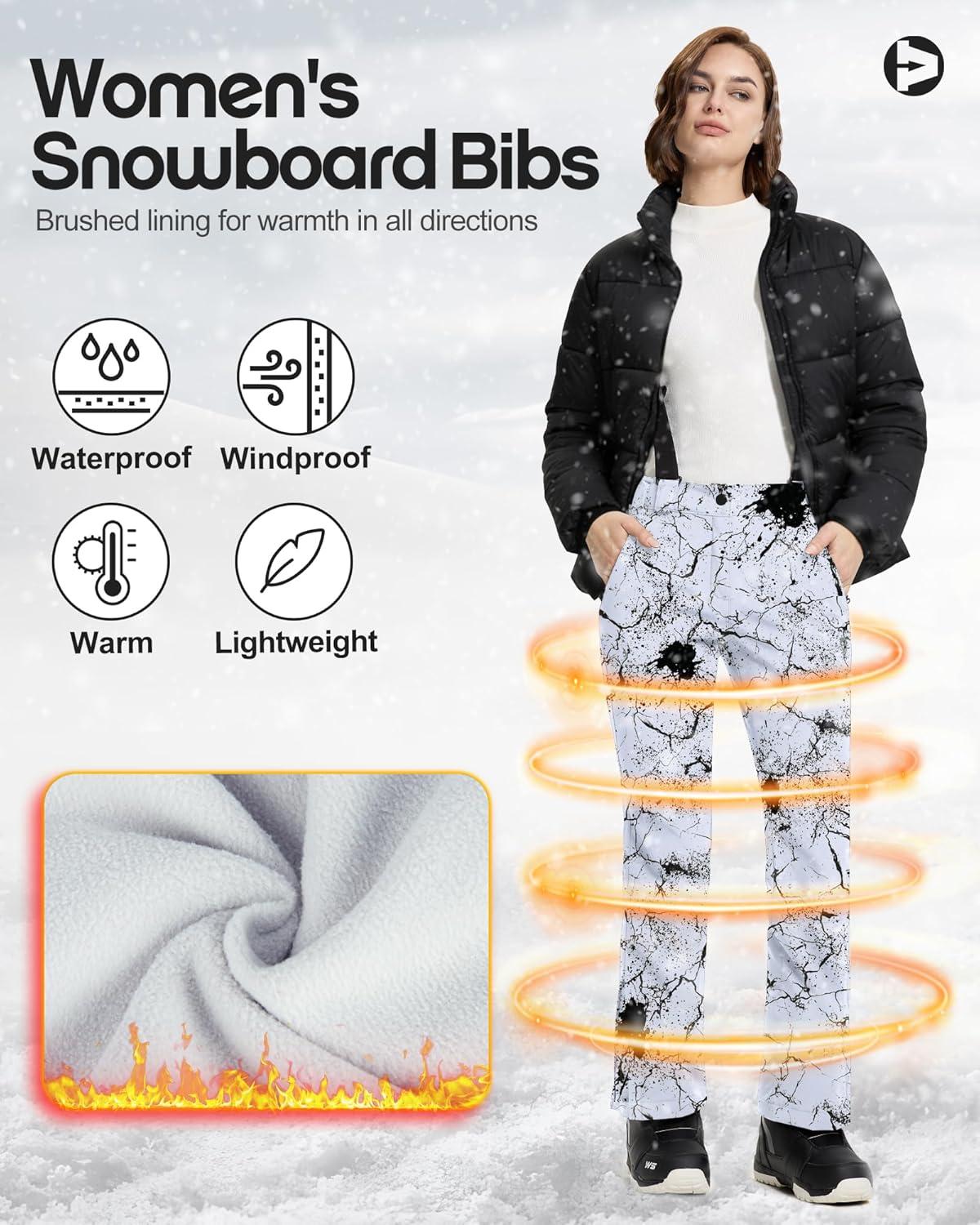 Outdoor Ventures Women’s Ski Snow Bib Pants Warm Insulated Waterproof Snowboard Softshell Pants with Detachable Bib(Fissure)