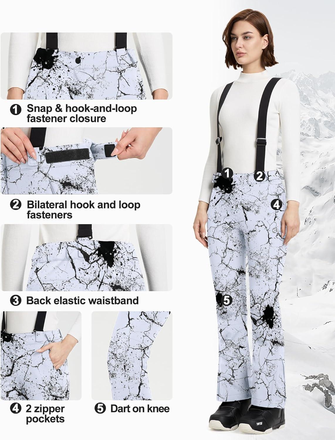 Outdoor Ventures Women’s Ski Snow Bib Pants Warm Insulated Waterproof Snowboard Softshell Pants with Detachable Bib(Fissure)