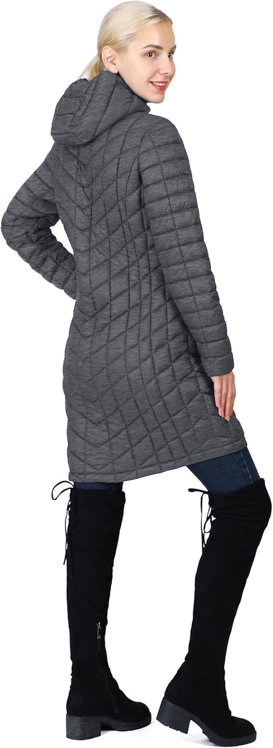 Outdoor Ventures Women’s Maryan Hooded Ultra Lightweight Warm Thermolite Long Puffer Coat(Dark Grey-avg.36″ Long Length)