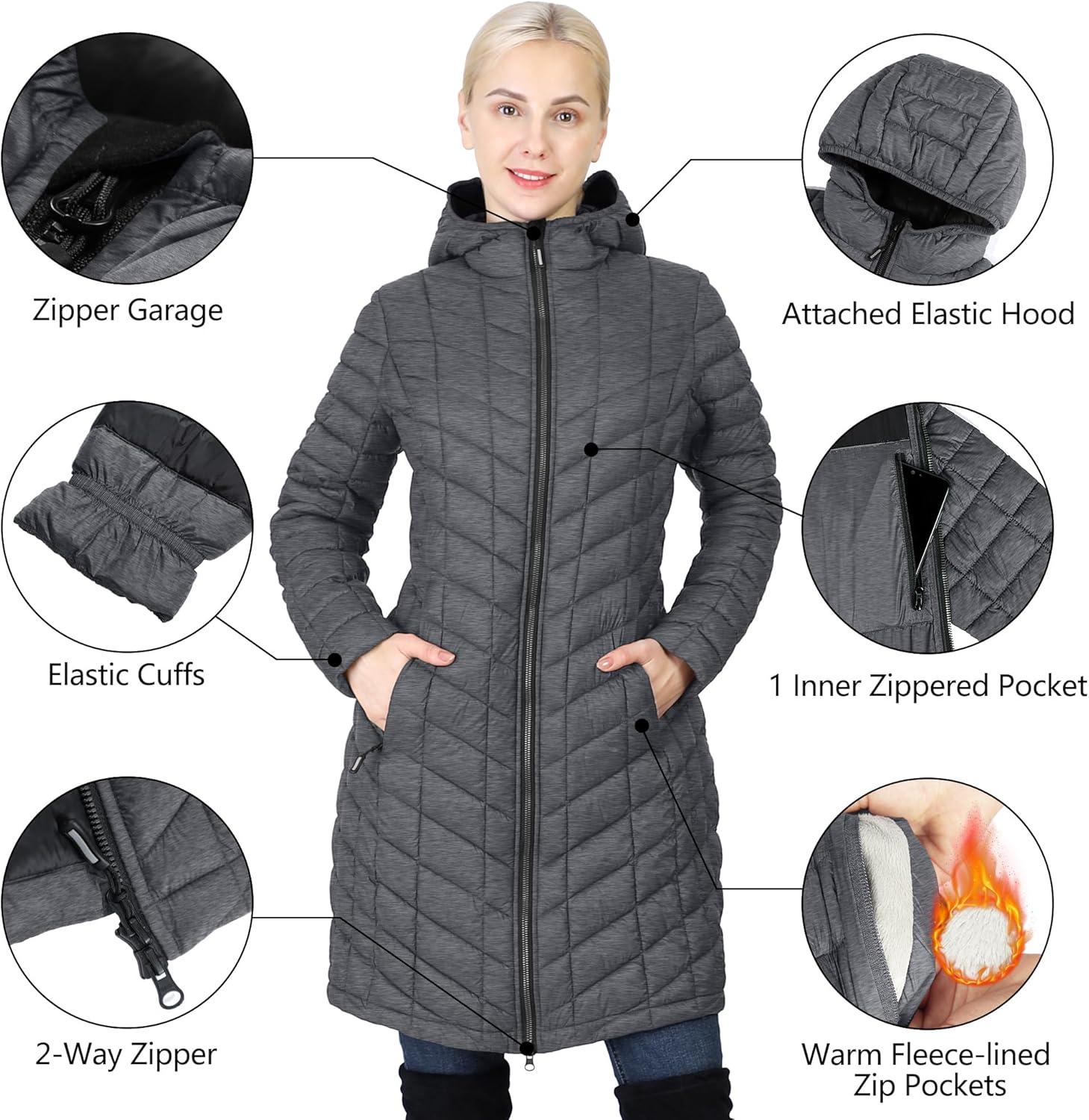 Outdoor Ventures Women’s Maryan Hooded Ultra Lightweight Warm Thermolite Long Puffer Coat(Dark Grey-avg.36″ Long Length)