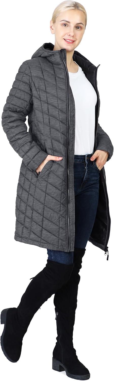 Outdoor Ventures Women’s Maryan Hooded Ultra Lightweight Warm Thermolite Long Puffer Coat(Dark Grey-avg.36″ Long Length)