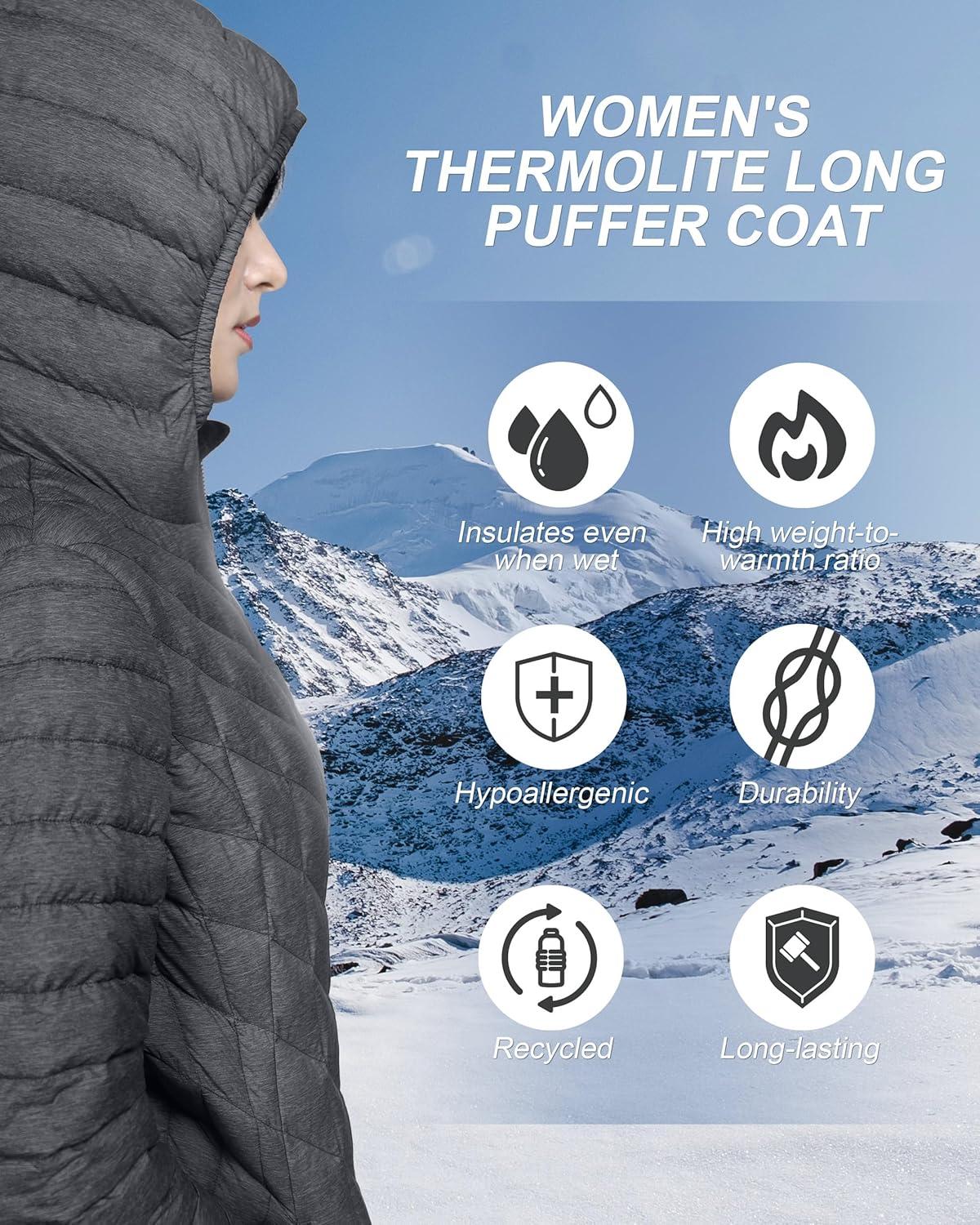 Outdoor Ventures Women’s Maryan Hooded Ultra Lightweight Warm Thermolite Long Puffer Coat(Dark Grey-avg.36″ Long Length)