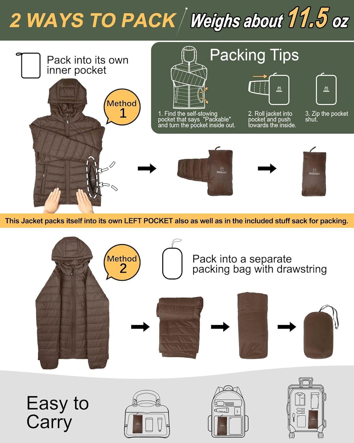 Outdoor Ventures Women’s Packable Lightweight Full-Zip Puffer Jacket with Hood Quilted Winter Coat(Brown(fold in Pocket))