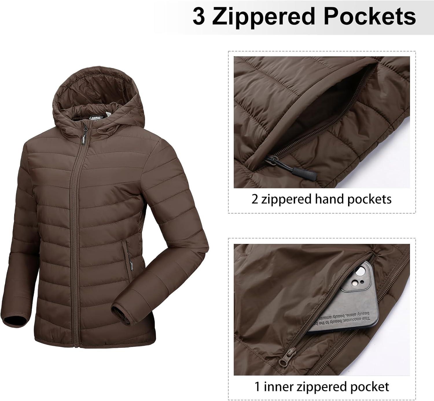 Outdoor Ventures Women’s Packable Lightweight Full-Zip Puffer Jacket with Hood Quilted Winter Coat(Brown(fold in Pocket))