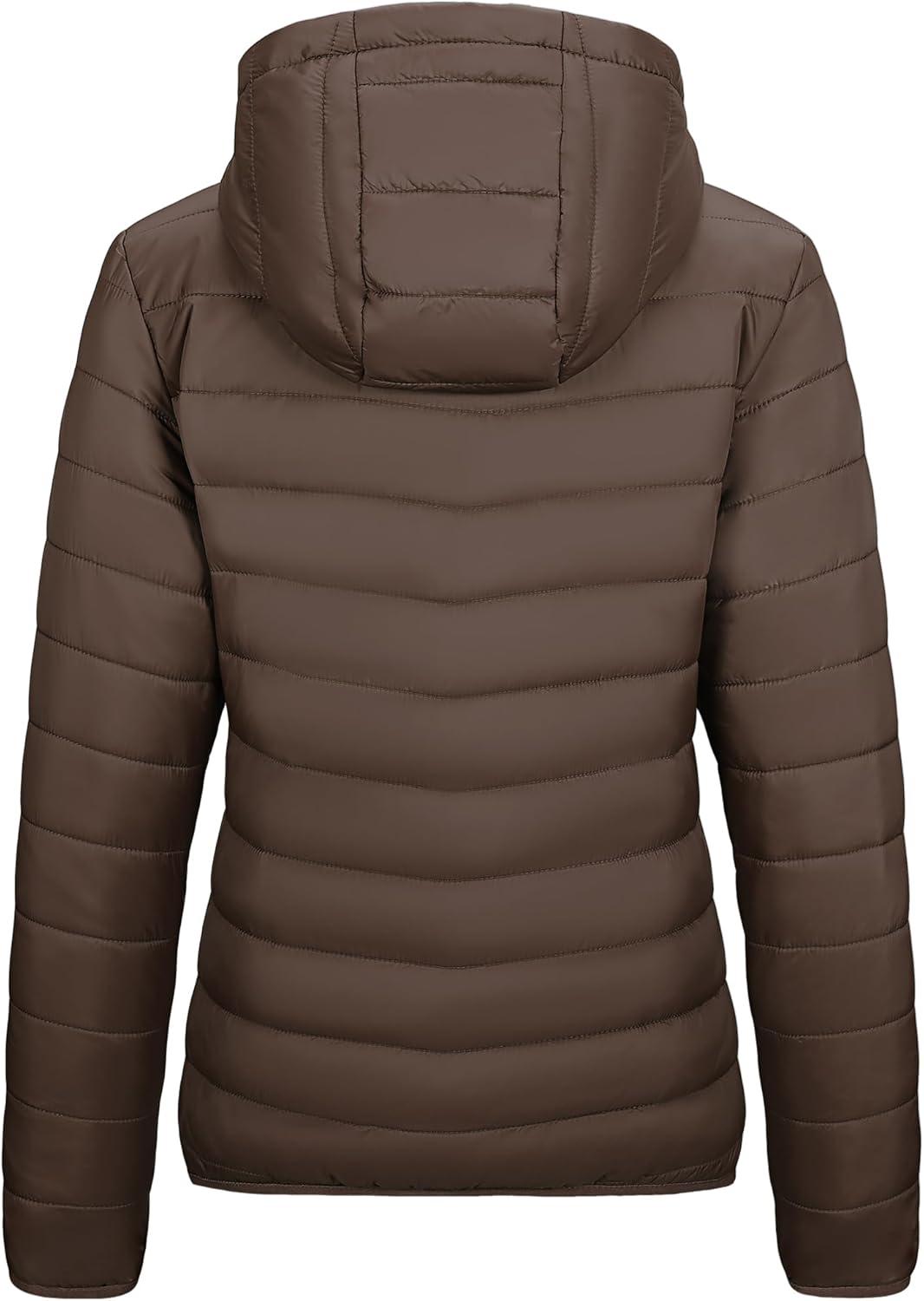 Outdoor Ventures Women’s Packable Lightweight Full-Zip Puffer Jacket with Hood Quilted Winter Coat(Brown(fold in Pocket))