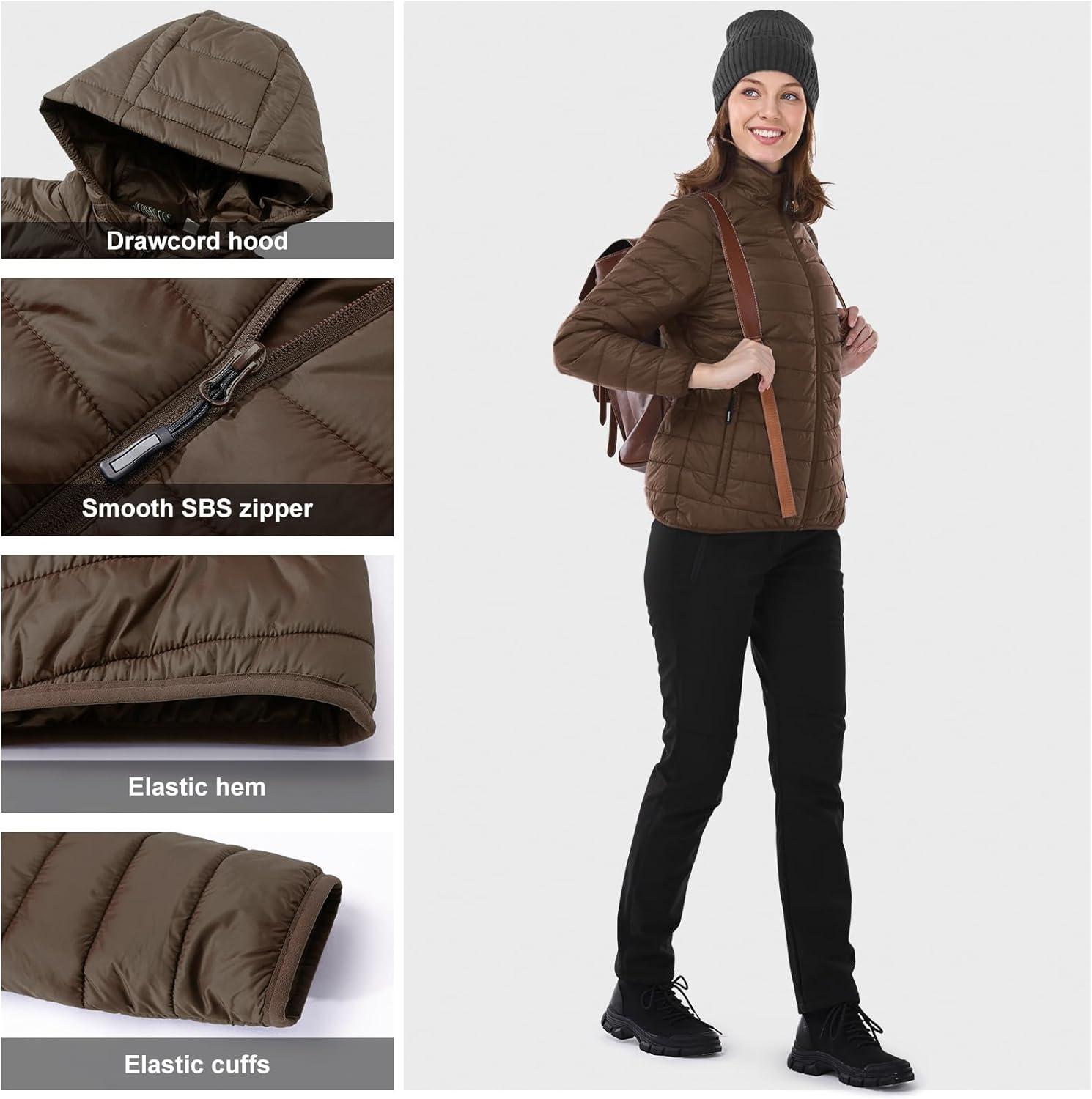 Outdoor Ventures Women’s Packable Lightweight Full-Zip Puffer Jacket with Hood Quilted Winter Coat(Brown(fold in Pocket))