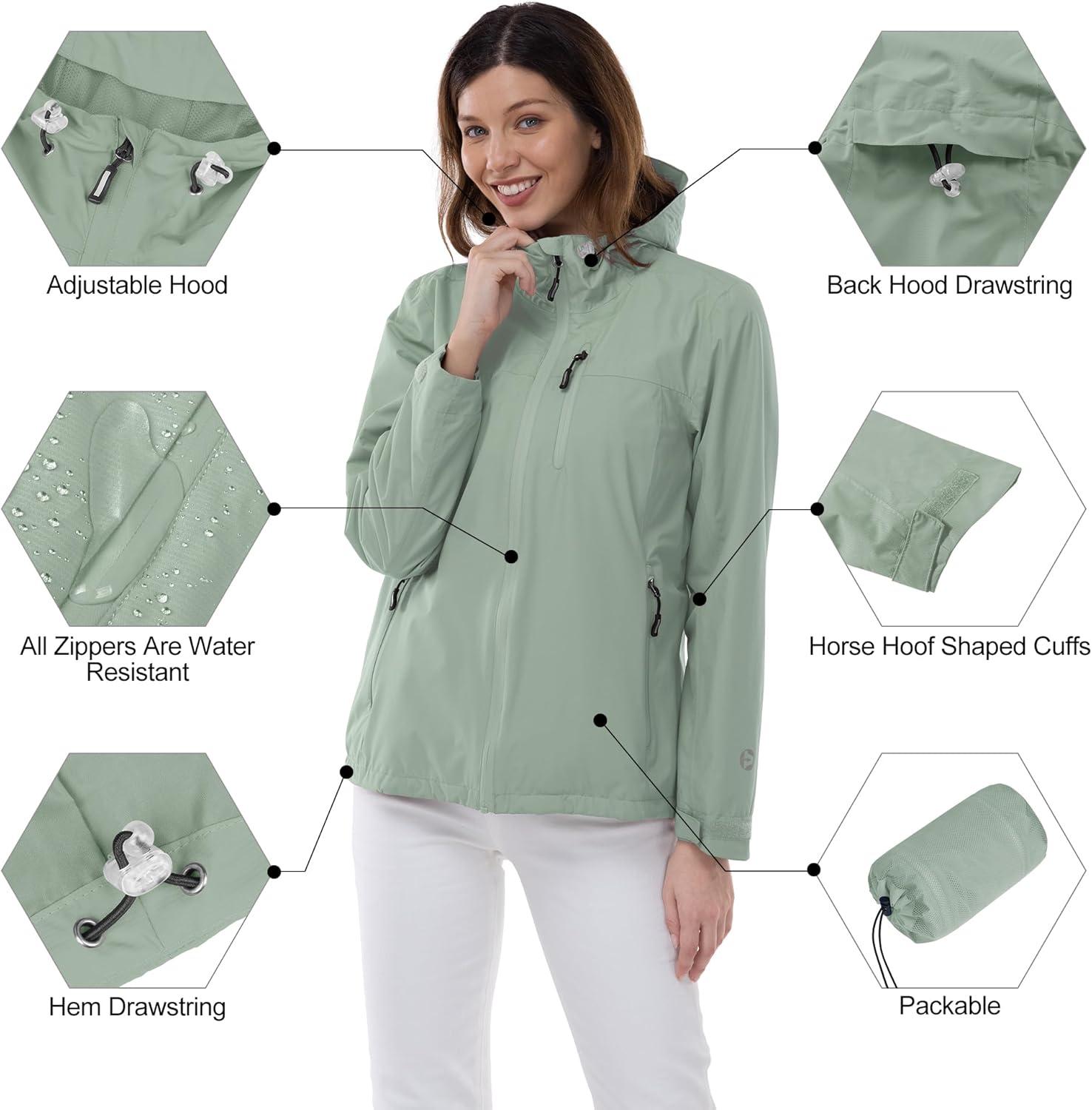 Outdoor Ventures Packable Rain Jacket Women Lightweight Waterproof Raincoat with Hood Cycling Bike Jacket(Aqua Tone)