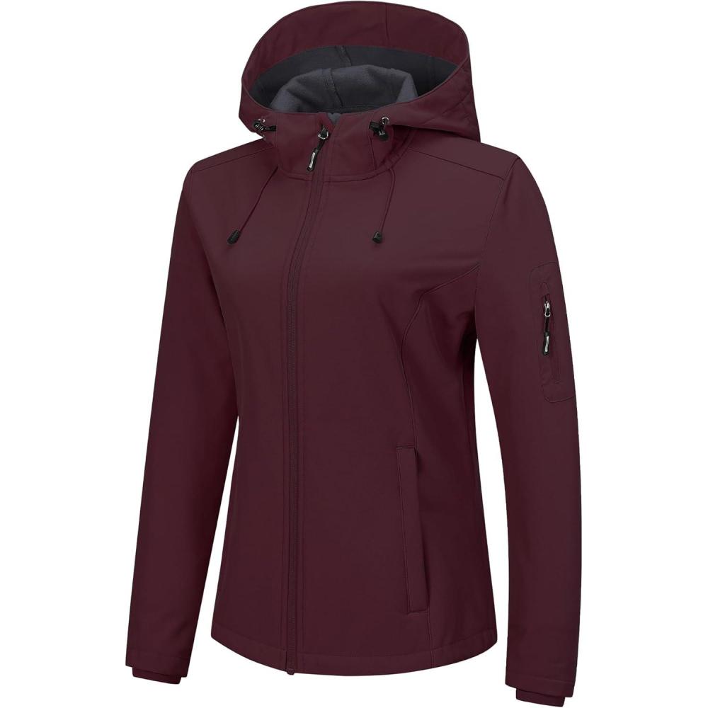 Outdoor Ventures Women’s Softshell Jacket with Hood Fleece Lined Warm Lightweight Waterproof Insulated Windbreaker(Dark Red)