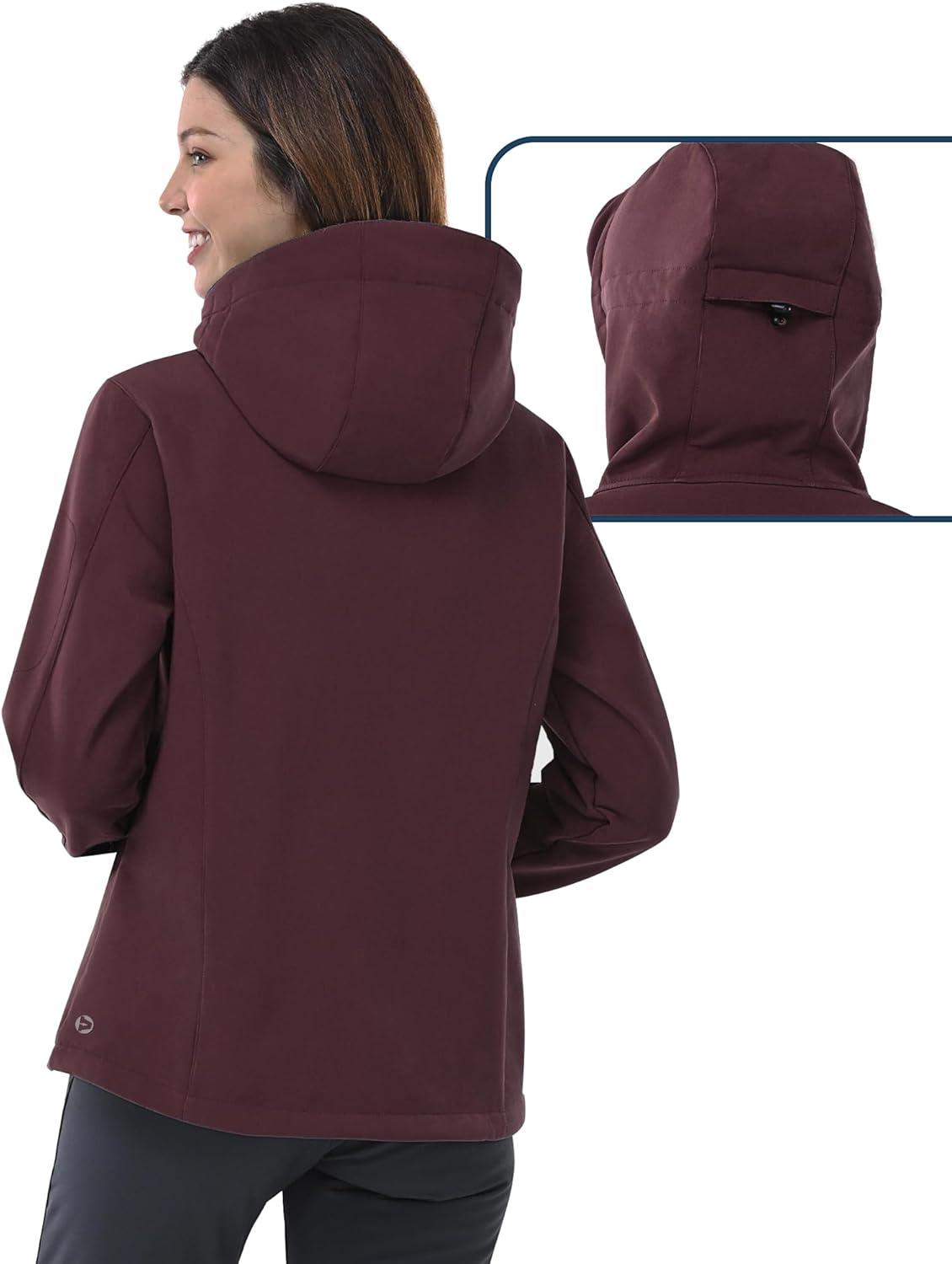 Outdoor Ventures Women’s Softshell Jacket with Hood Fleece Lined Warm Lightweight Waterproof Insulated Windbreaker(Dark Red)