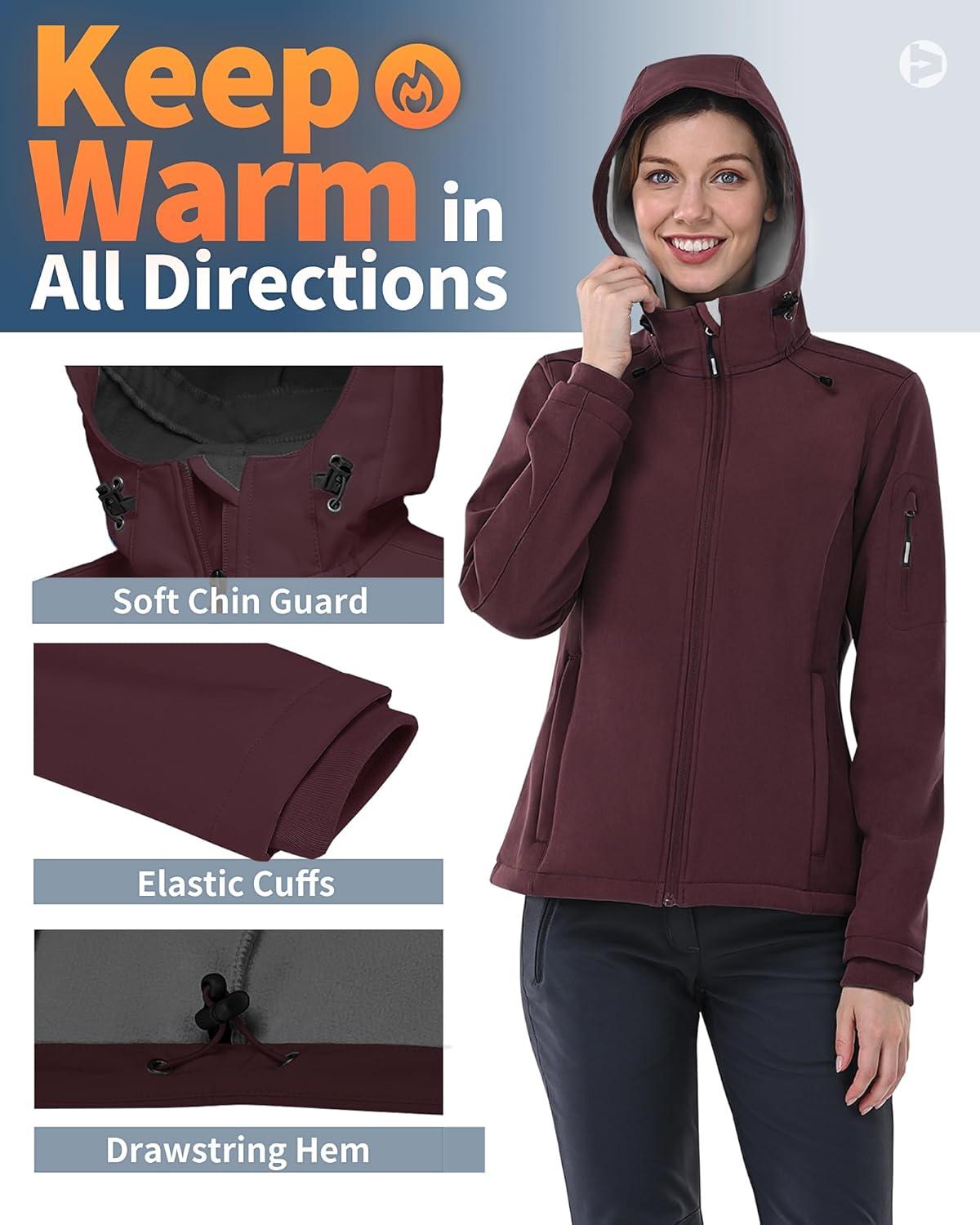 Outdoor Ventures Women’s Softshell Jacket with Hood Fleece Lined Warm Lightweight Waterproof Insulated Windbreaker(Dark Red)
