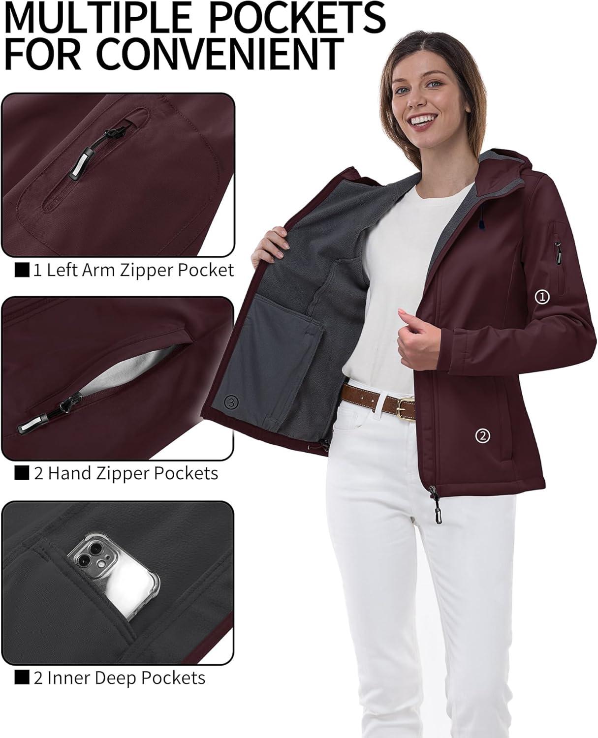 Outdoor Ventures Women’s Softshell Jacket with Hood Fleece Lined Warm Lightweight Waterproof Insulated Windbreaker(Dark Red)