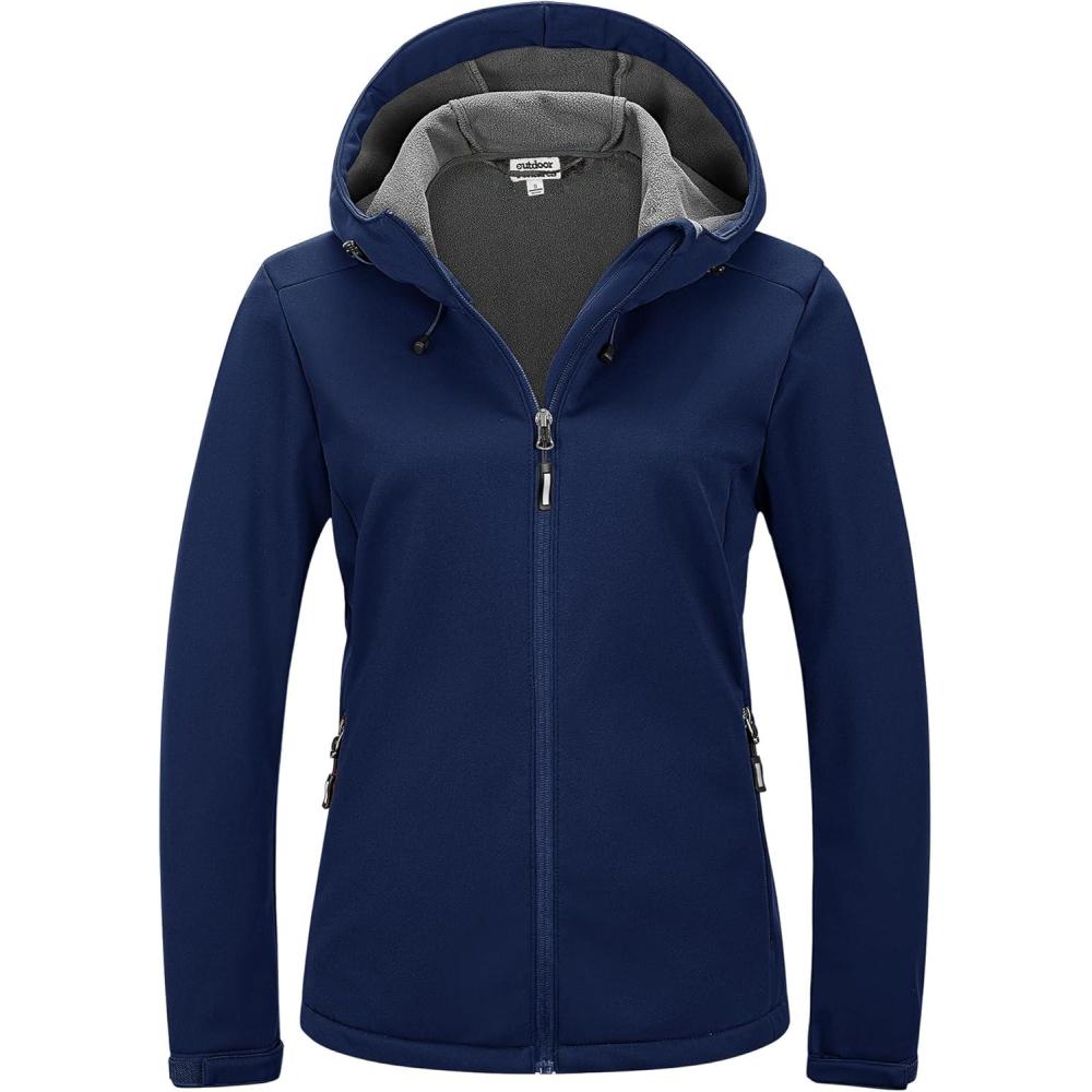 Outdoor Ventures Women’s Softshell Jacket Waterproof Warm Fleece Lined Lightweight Windproof Hooded Insulated Windbreaker(Blue)