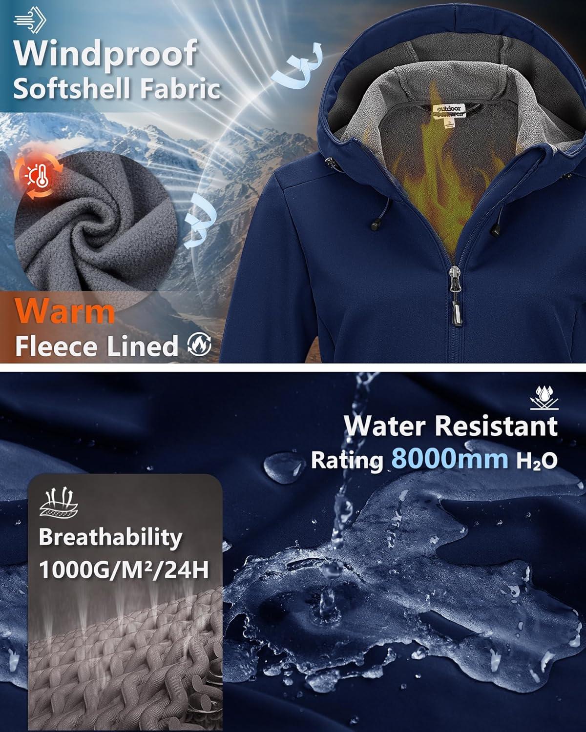 Outdoor Ventures Women’s Softshell Jacket Waterproof Warm Fleece Lined Lightweight Windproof Hooded Insulated Windbreaker(Blue)