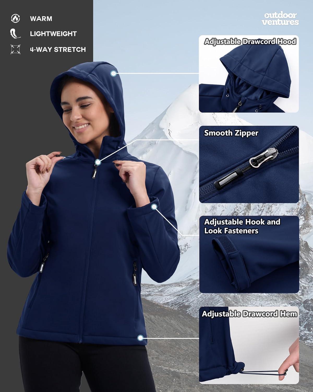Outdoor Ventures Women’s Softshell Jacket Waterproof Warm Fleece Lined Lightweight Windproof Hooded Insulated Windbreaker(Blue)