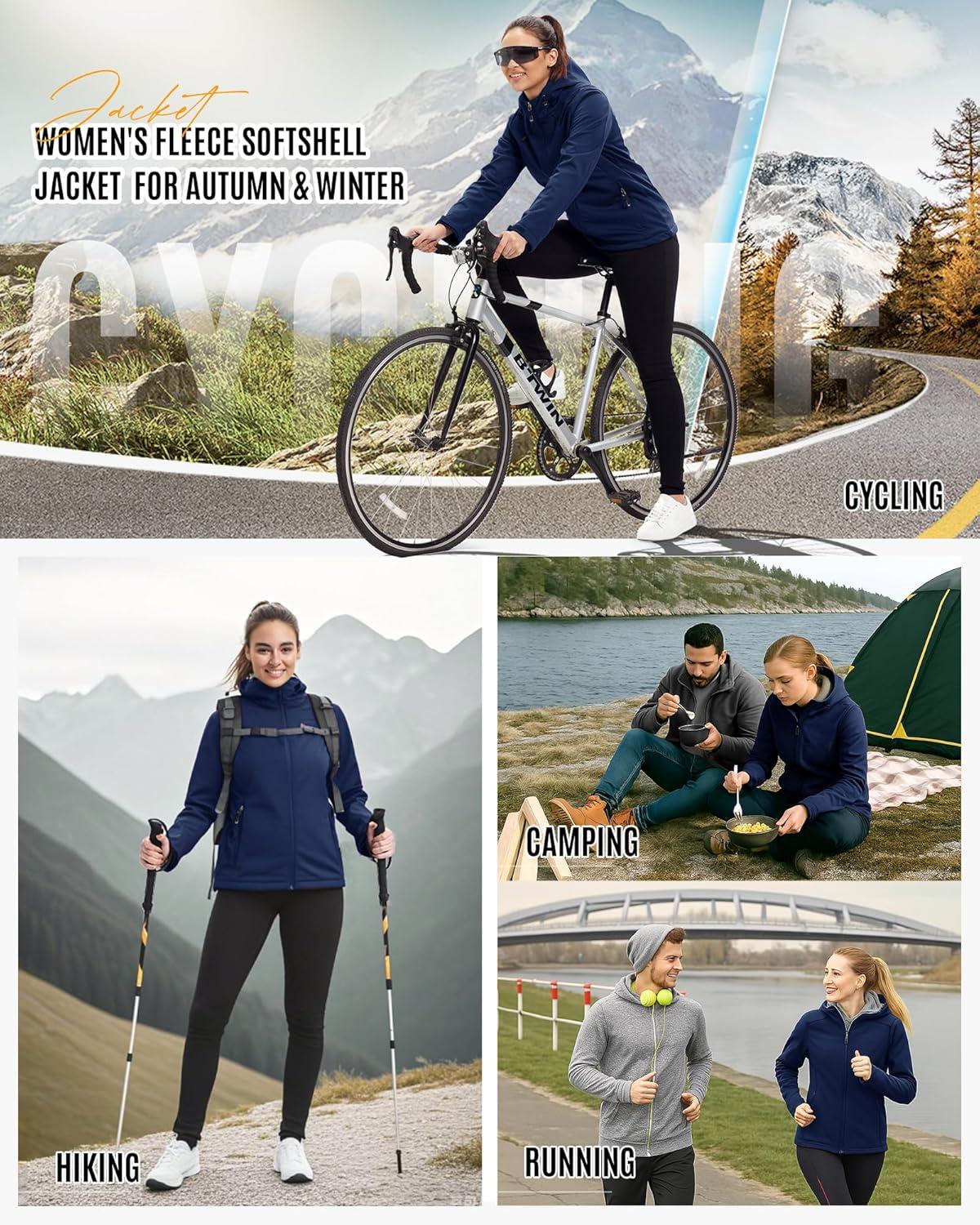 Outdoor Ventures Women’s Softshell Jacket Waterproof Warm Fleece Lined Lightweight Windproof Hooded Insulated Windbreaker(Blue)
