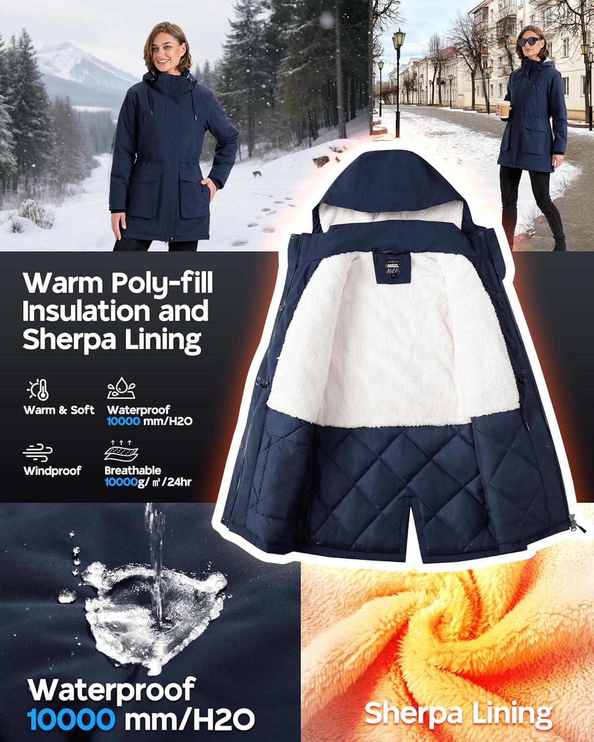 Outdoor Ventures Women’s Waterproof Fleece Lined Winter Coat Parka Removable Hood Warm Long Insulated Thicken Puffer Jacket(Navy)