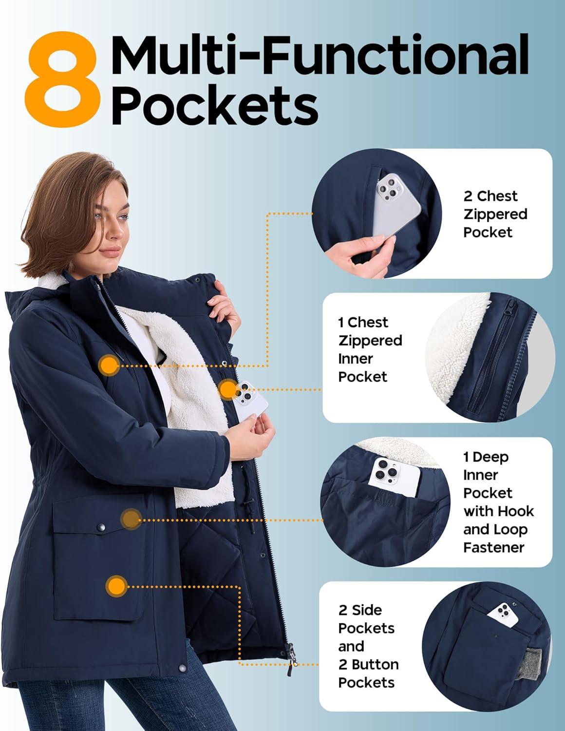 Outdoor Ventures Women’s Waterproof Fleece Lined Winter Coat Parka Removable Hood Warm Long Insulated Thicken Puffer Jacket(Navy)