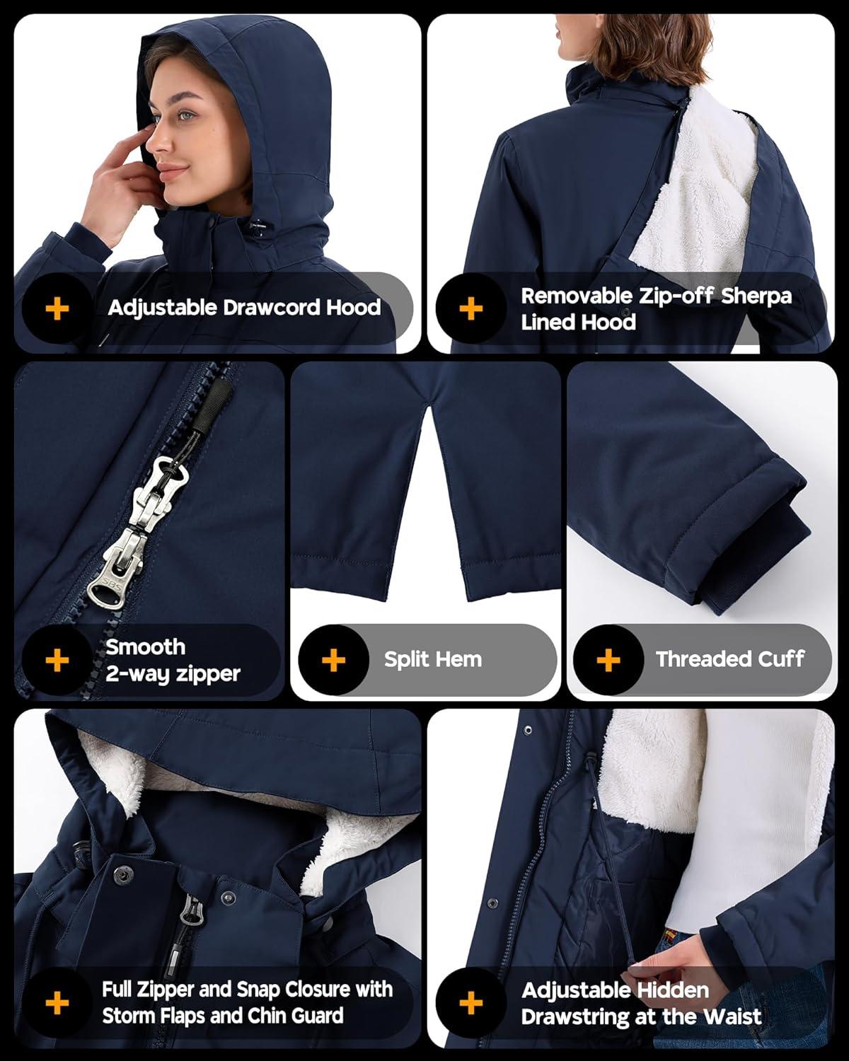 Outdoor Ventures Women’s Waterproof Fleece Lined Winter Coat Parka Removable Hood Warm Long Insulated Thicken Puffer Jacket(Navy)