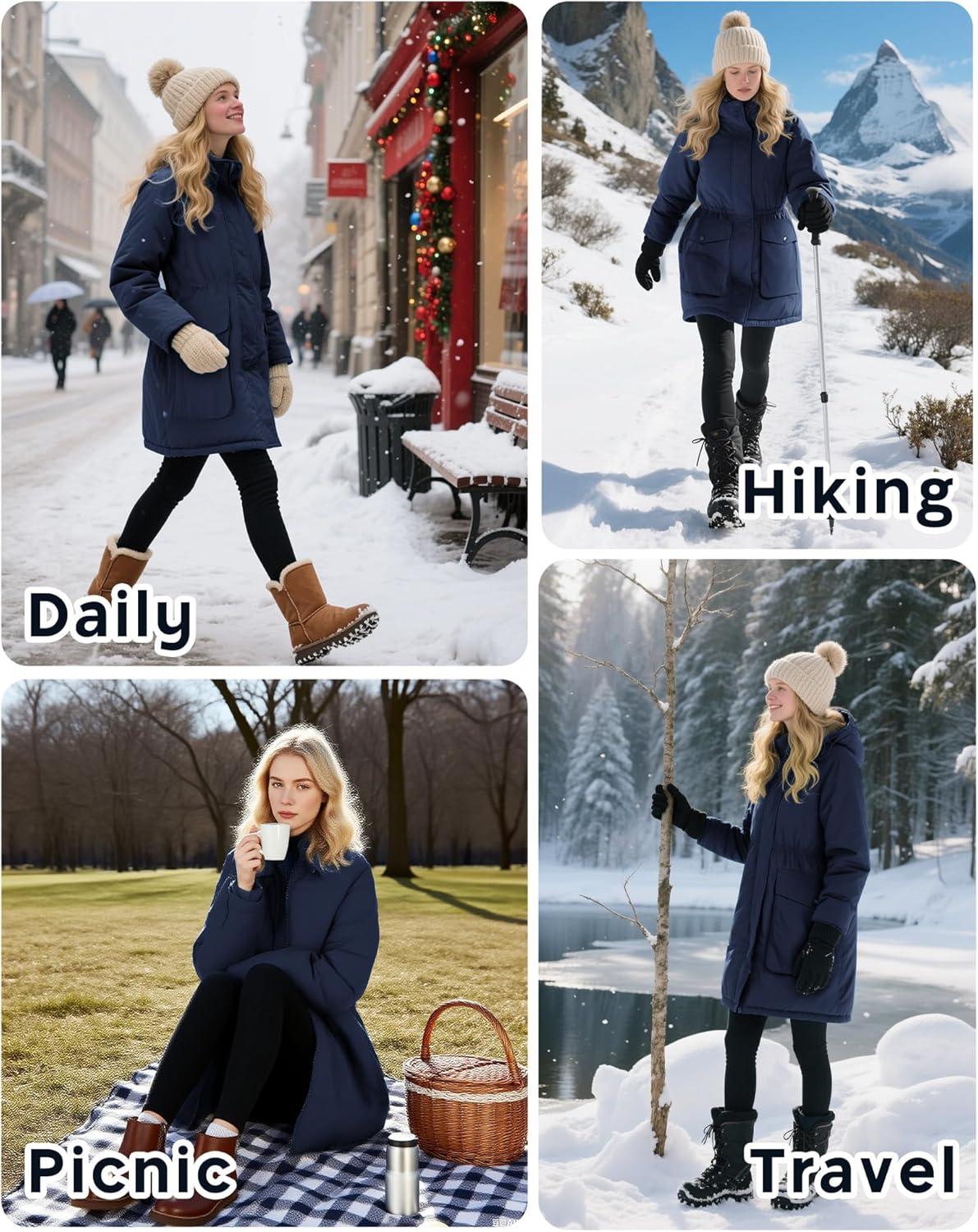 Outdoor Ventures Women’s Waterproof Fleece Lined Winter Coat Parka Removable Hood Warm Long Insulated Thicken Puffer Jacket(Navy)
