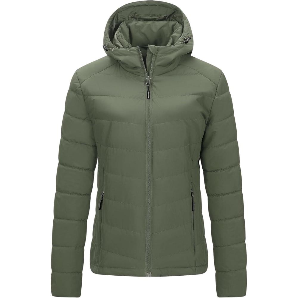 Outdoor Ventures Women’s Hooded Puffer Jacket Waterproof Lightweight Full-Zip Warm Quilted Winter Coat(Olive Green)