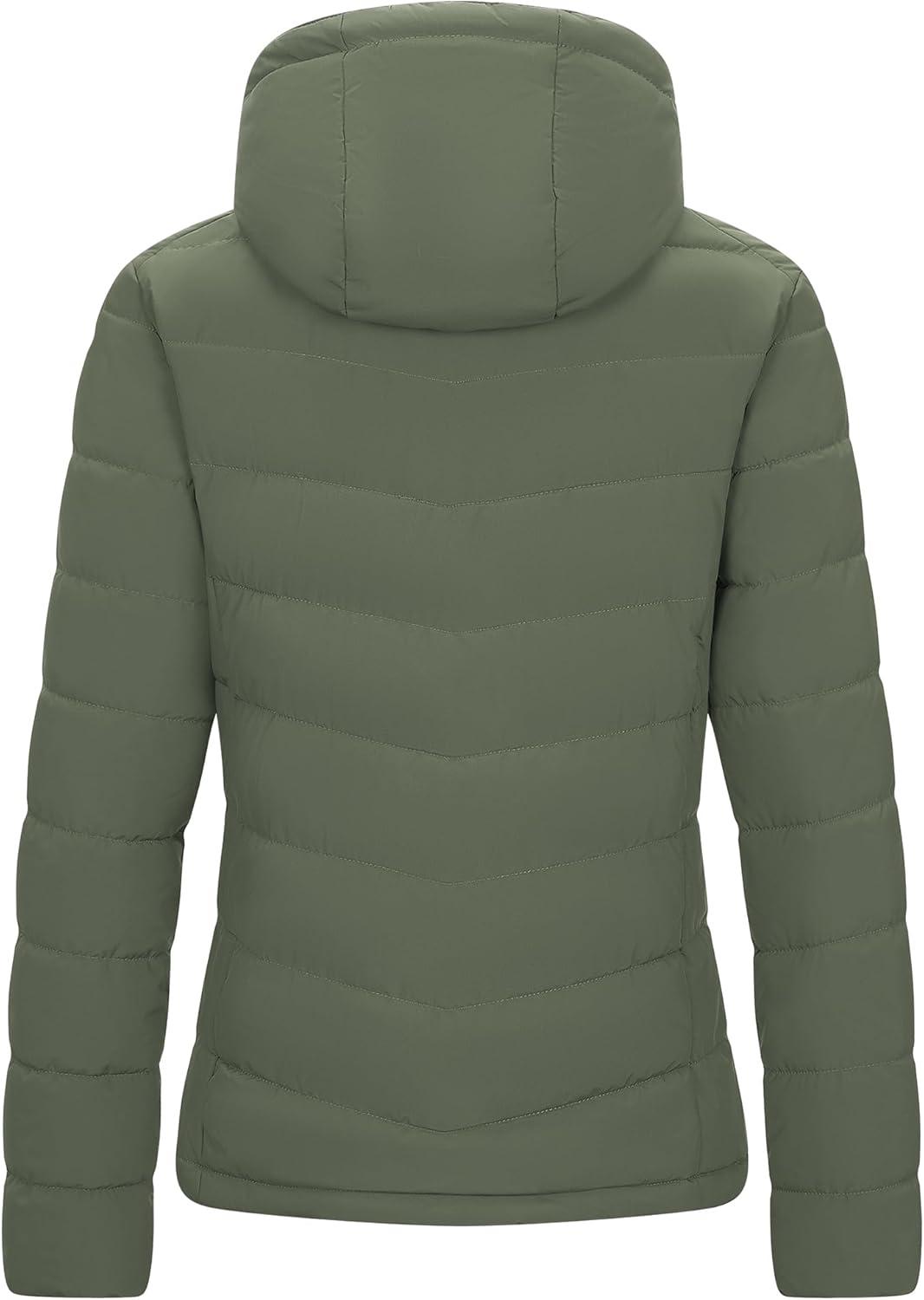Outdoor Ventures Women’s Hooded Puffer Jacket Waterproof Lightweight Full-Zip Warm Quilted Winter Coat(Olive Green)