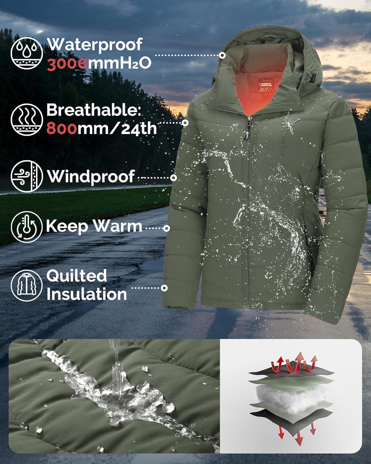 Outdoor Ventures Women’s Hooded Puffer Jacket Waterproof Lightweight Full-Zip Warm Quilted Winter Coat(Olive Green)