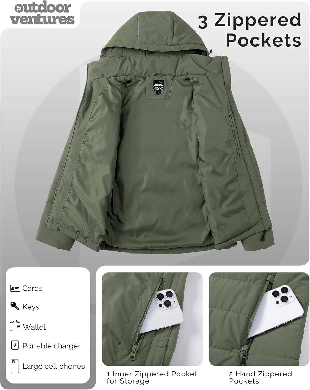 Outdoor Ventures Women’s Hooded Puffer Jacket Waterproof Lightweight Full-Zip Warm Quilted Winter Coat(Olive Green)