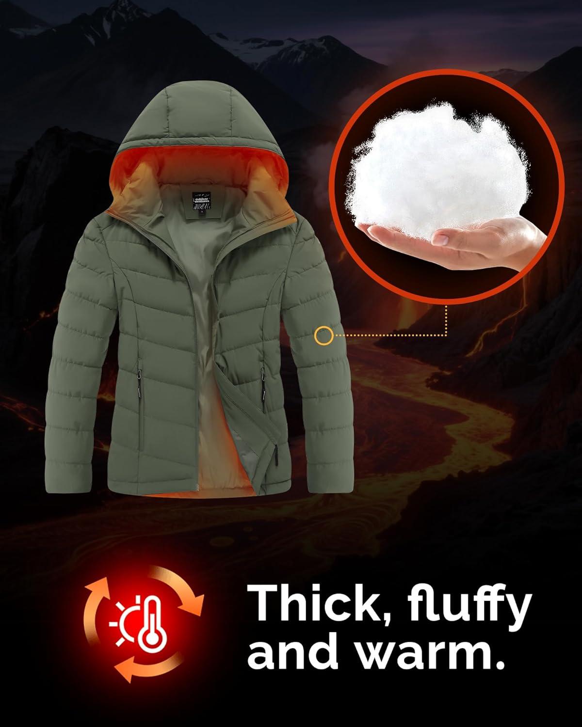 Outdoor Ventures Women’s Hooded Puffer Jacket Waterproof Lightweight Full-Zip Warm Quilted Winter Coat(Olive Green)