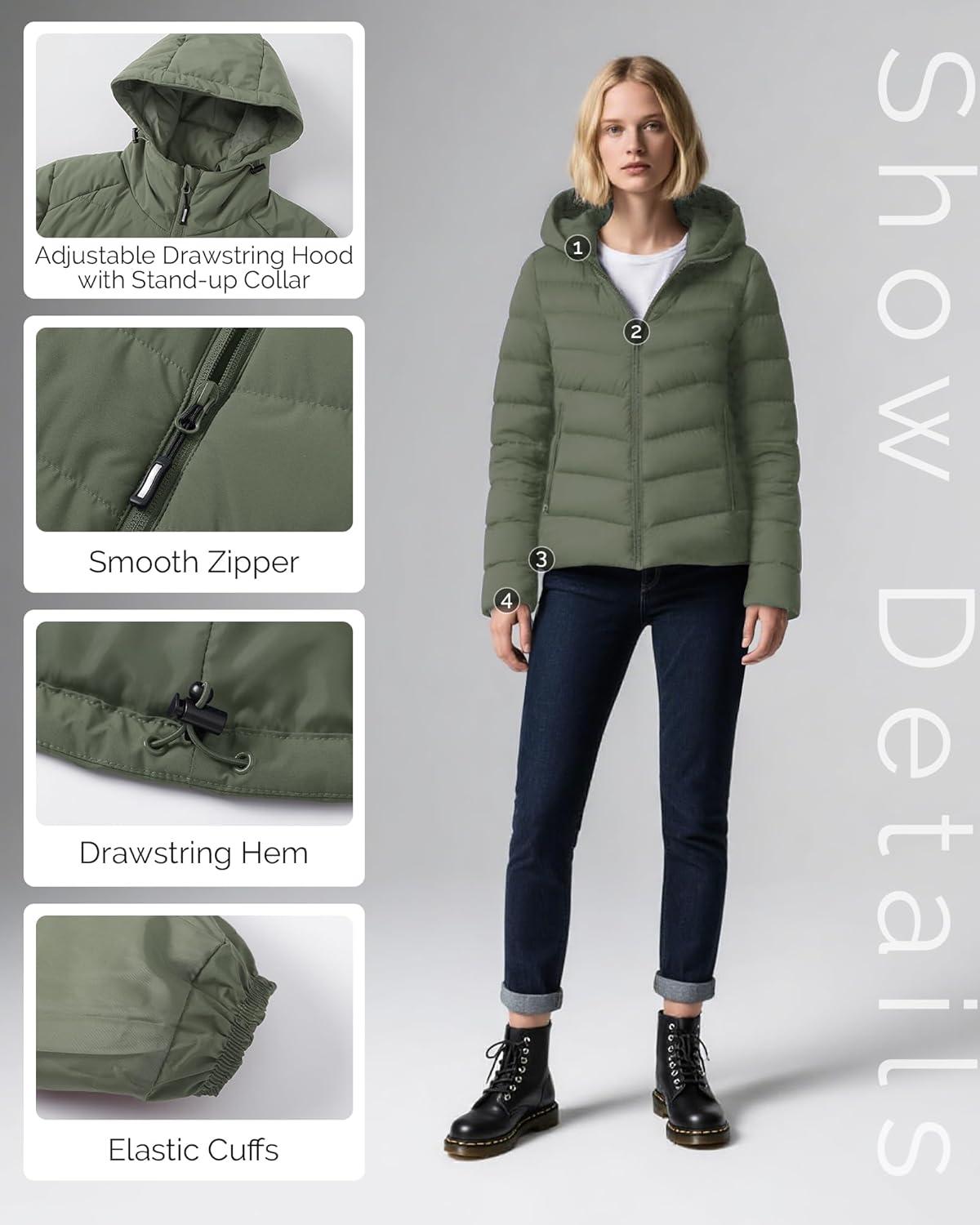 Outdoor Ventures Women’s Hooded Puffer Jacket Waterproof Lightweight Full-Zip Warm Quilted Winter Coat(Olive Green)