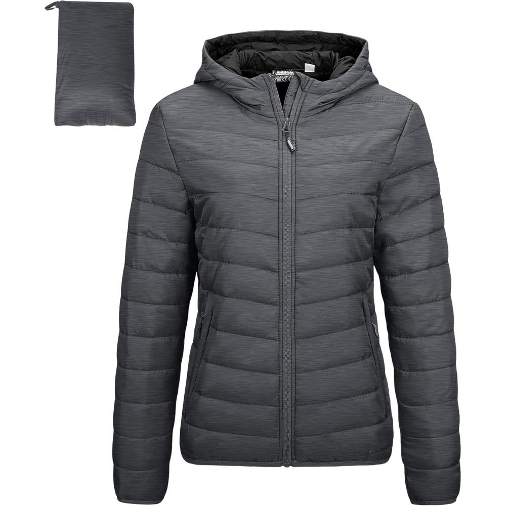 Outdoor Ventures Women’s Packable Lightweight Full-Zip Puffer Jacket with Hood Quilted Winter Coat(Dark Grey Heather(fold in Pocket))
