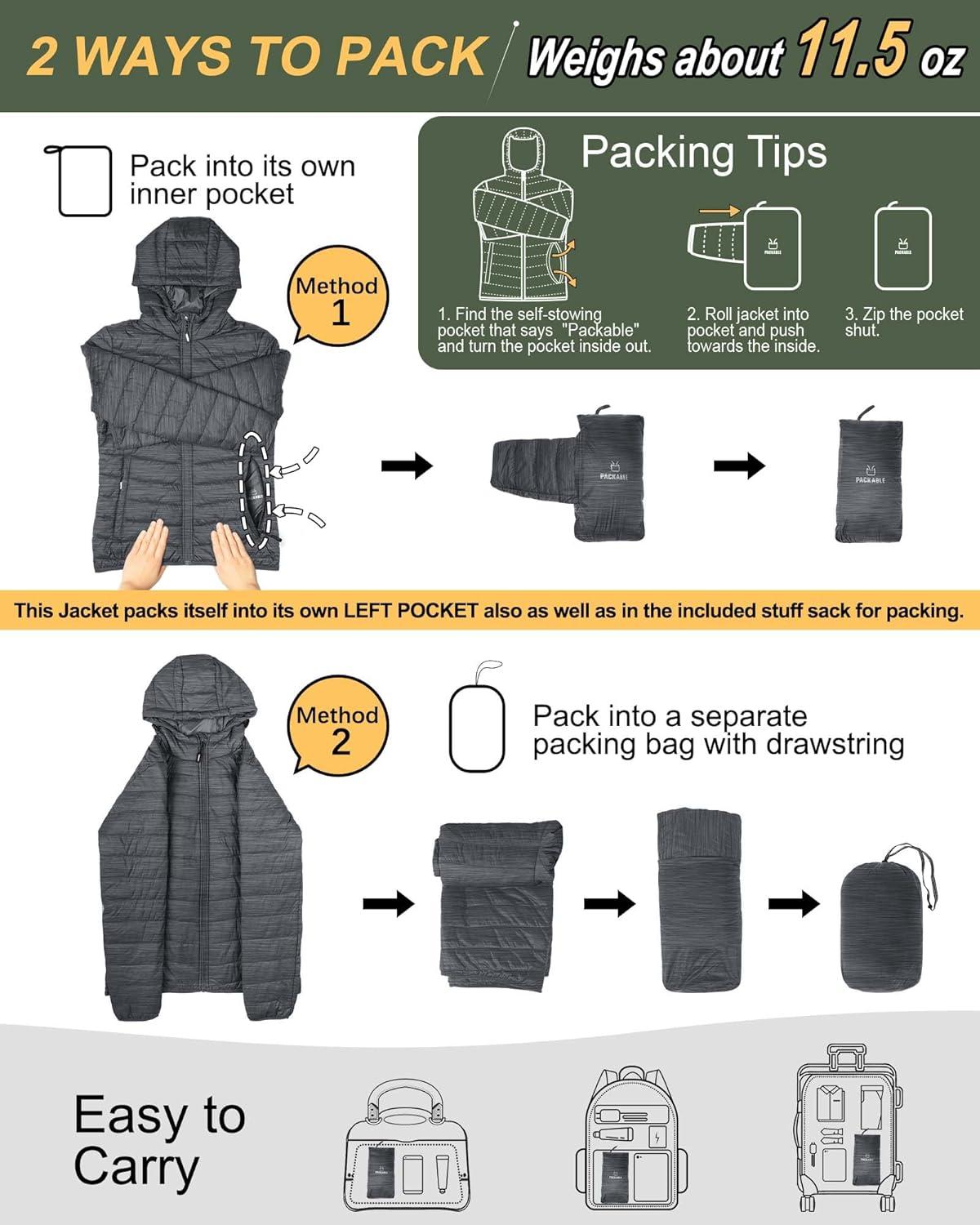 Outdoor Ventures Women’s Packable Lightweight Full-Zip Puffer Jacket with Hood Quilted Winter Coat(Dark Grey Heather(fold in Pocket))
