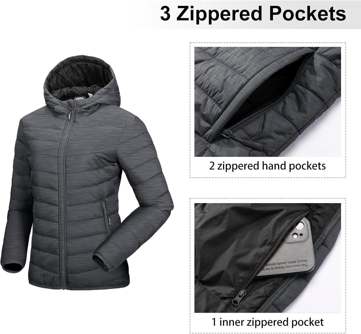 Outdoor Ventures Women’s Packable Lightweight Full-Zip Puffer Jacket with Hood Quilted Winter Coat(Dark Grey Heather(fold in Pocket))