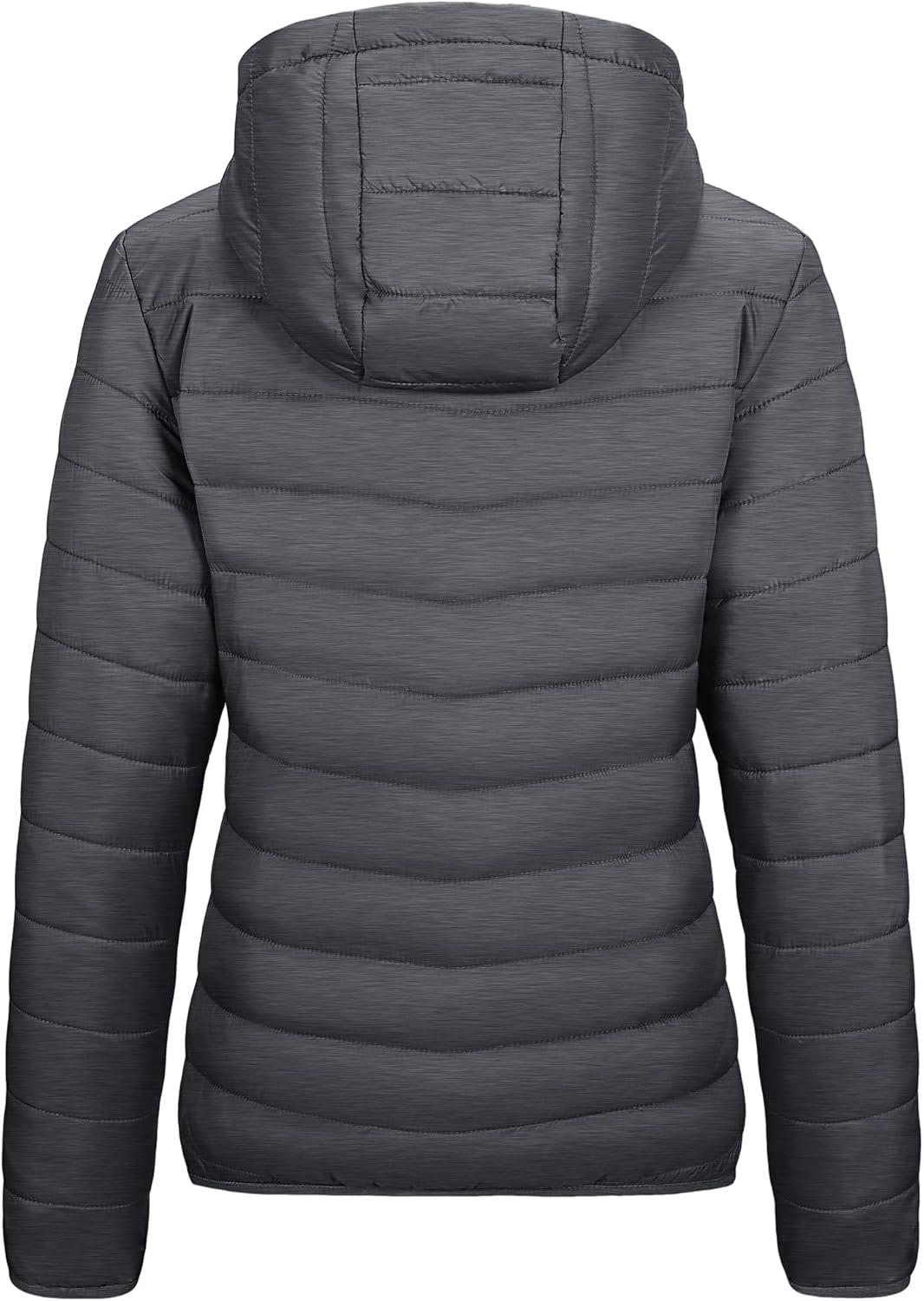 Outdoor Ventures Women’s Packable Lightweight Full-Zip Puffer Jacket with Hood Quilted Winter Coat(Dark Grey Heather(fold in Pocket))