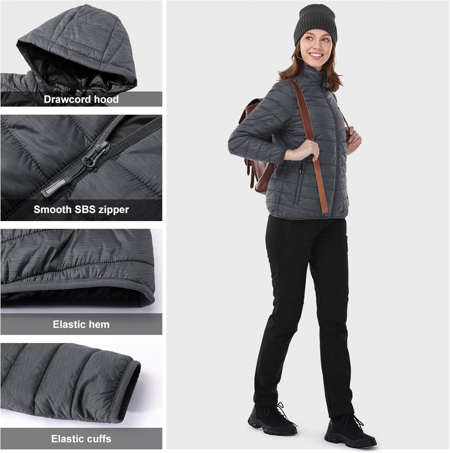 Outdoor Ventures Women’s Packable Lightweight Full-Zip Puffer Jacket with Hood Quilted Winter Coat(Dark Grey Heather(fold in Pocket))