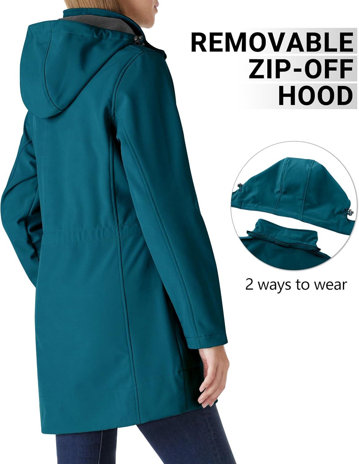 Outdoor Ventures Women’s Softshell Jacket with Removable Hood Fleece Lined Windbreaker Insulated Long Warm Rain Jacket(Modern Blue)