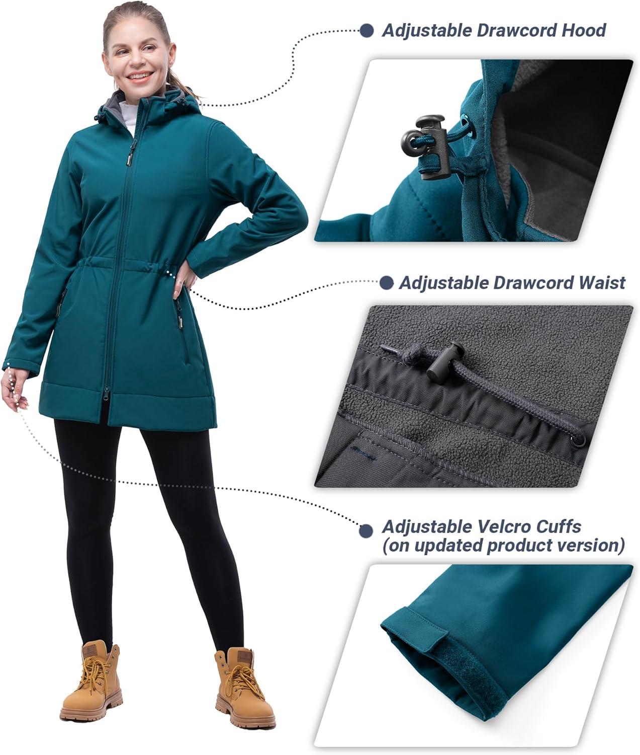 Outdoor Ventures Women’s Softshell Jacket with Removable Hood Fleece Lined Windbreaker Insulated Long Warm Rain Jacket(Modern Blue)