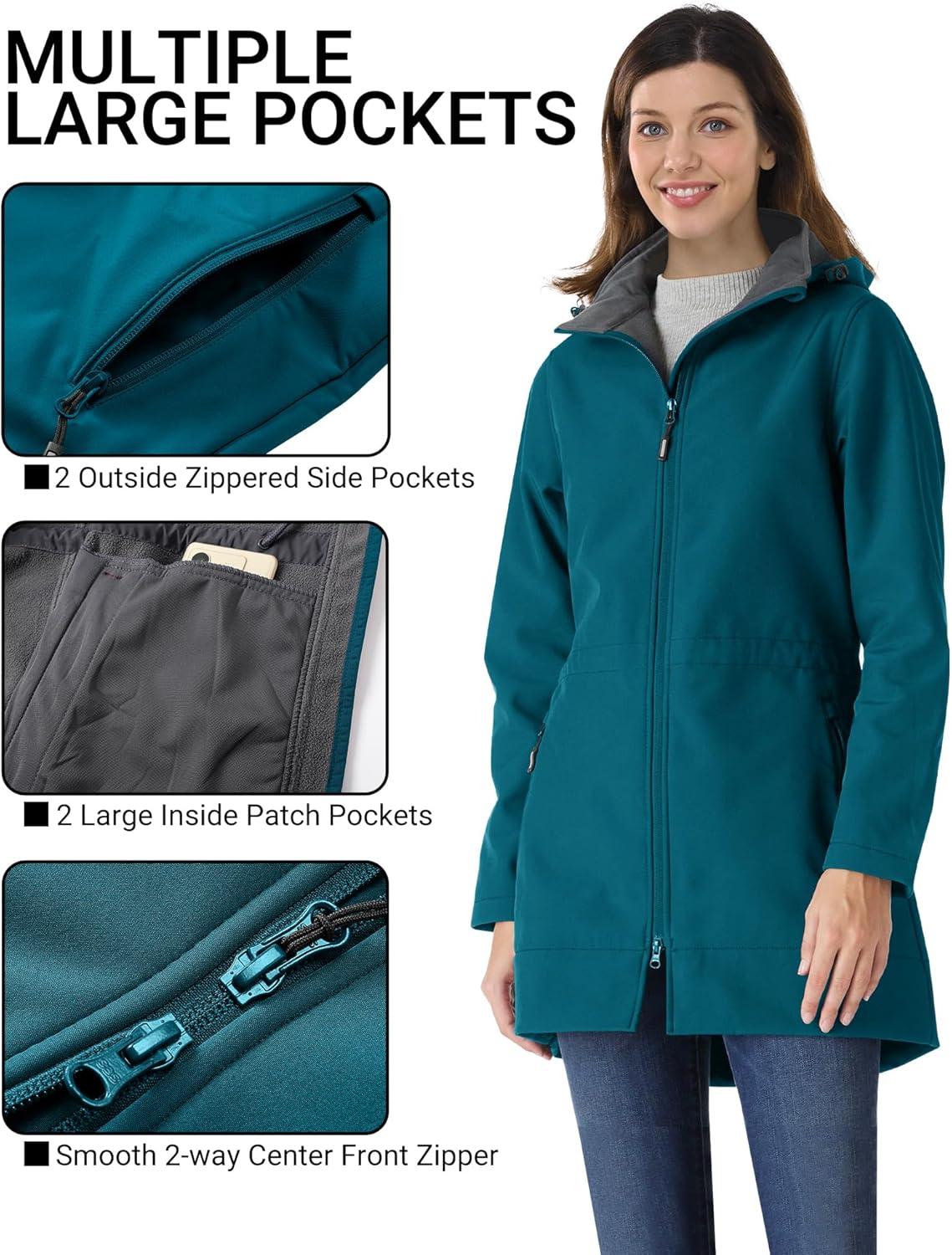 Outdoor Ventures Women’s Softshell Jacket with Removable Hood Fleece Lined Windbreaker Insulated Long Warm Rain Jacket(Modern Blue)