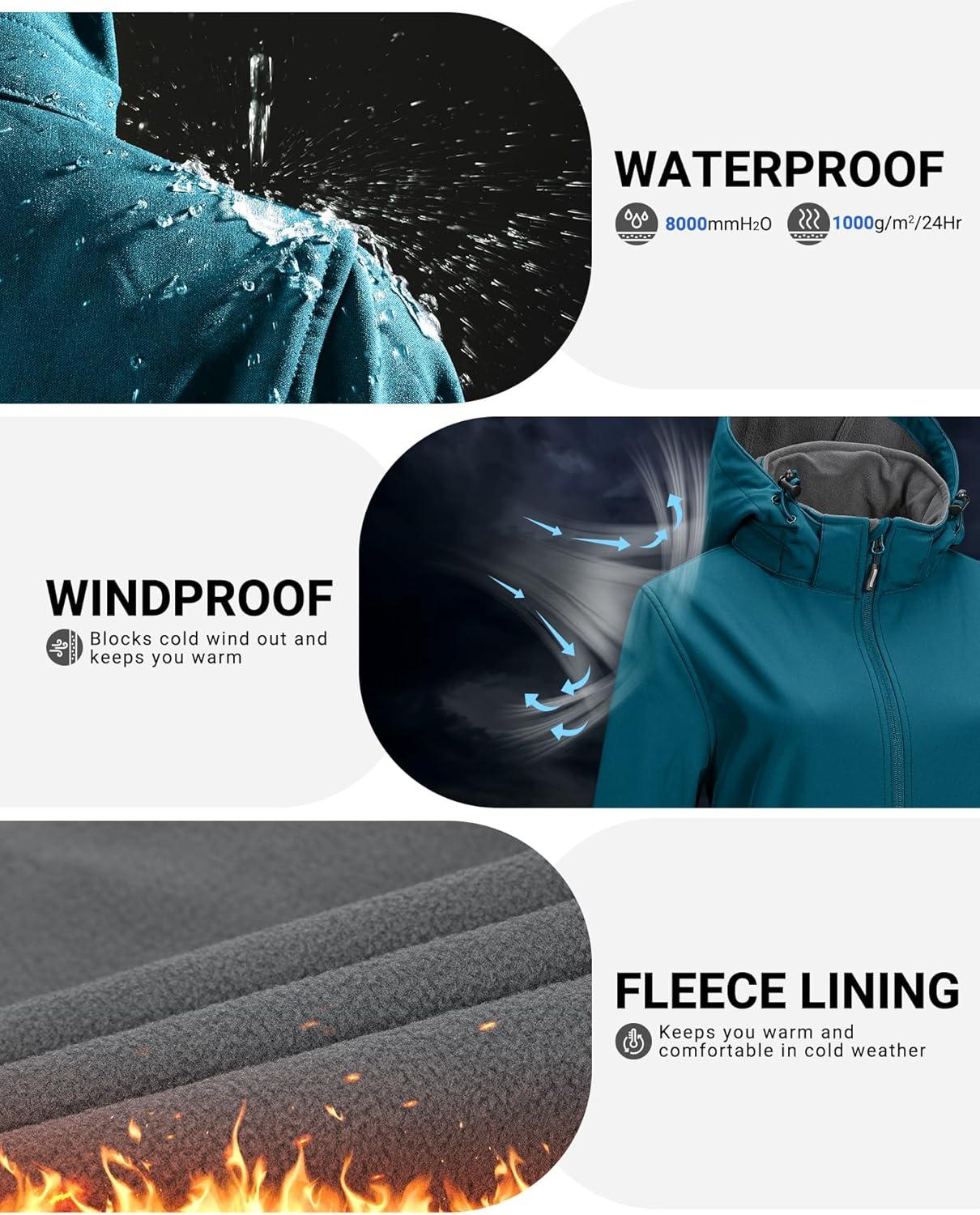 Outdoor Ventures Women’s Softshell Jacket with Removable Hood Fleece Lined Windbreaker Insulated Long Warm Rain Jacket(Modern Blue)