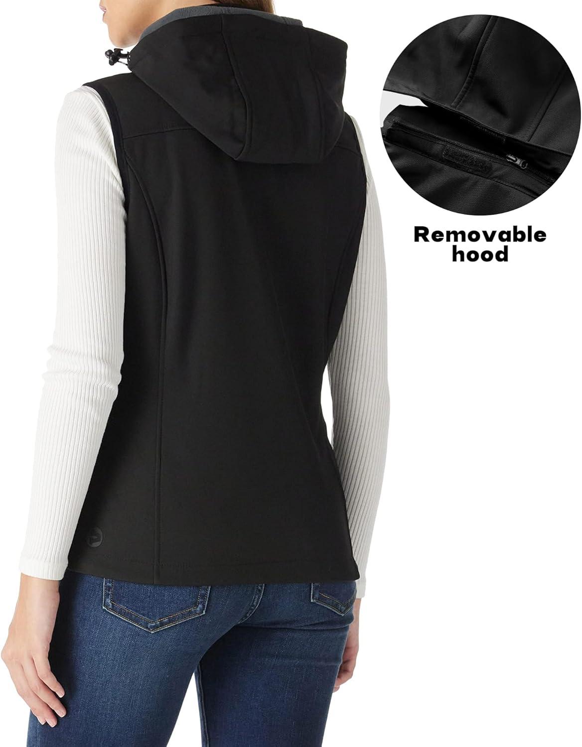 Outdoor Ventures Women’s Hooded Lightweight Softshell Vest, Windproof Fleece Lined Sleeveless Jacket for Golf Running Travel(Black)