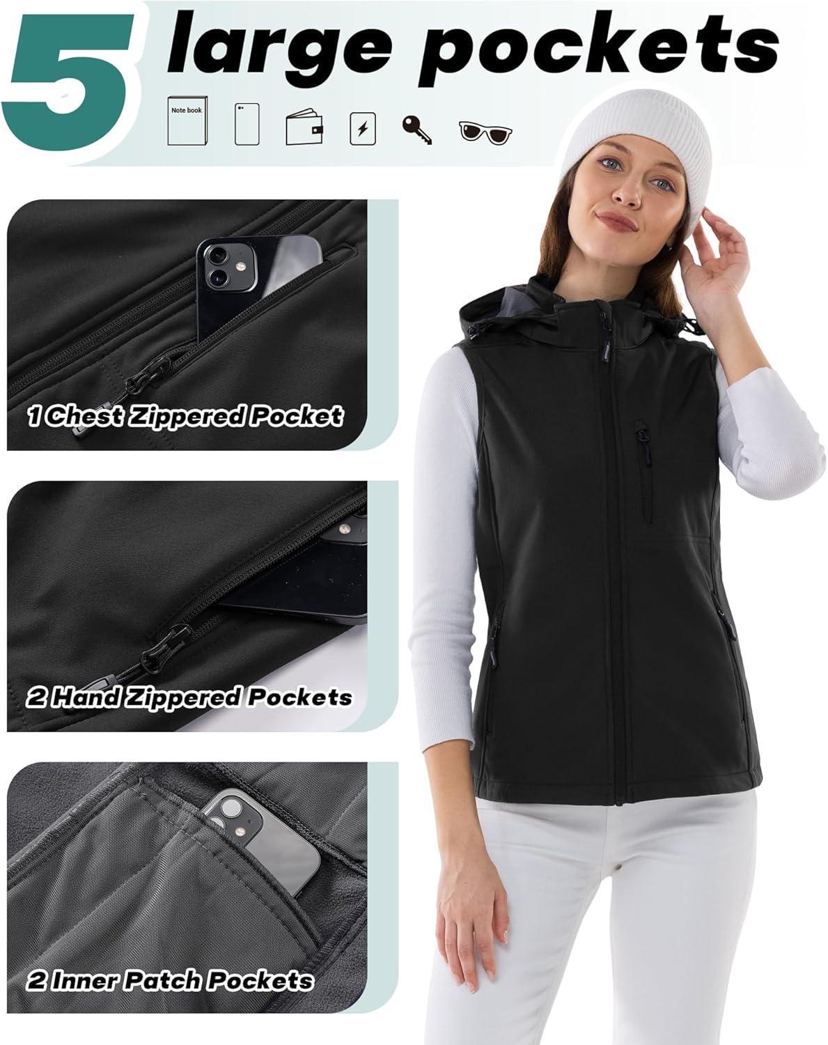 Outdoor Ventures Women’s Hooded Lightweight Softshell Vest, Windproof Fleece Lined Sleeveless Jacket for Golf Running Travel(Black)