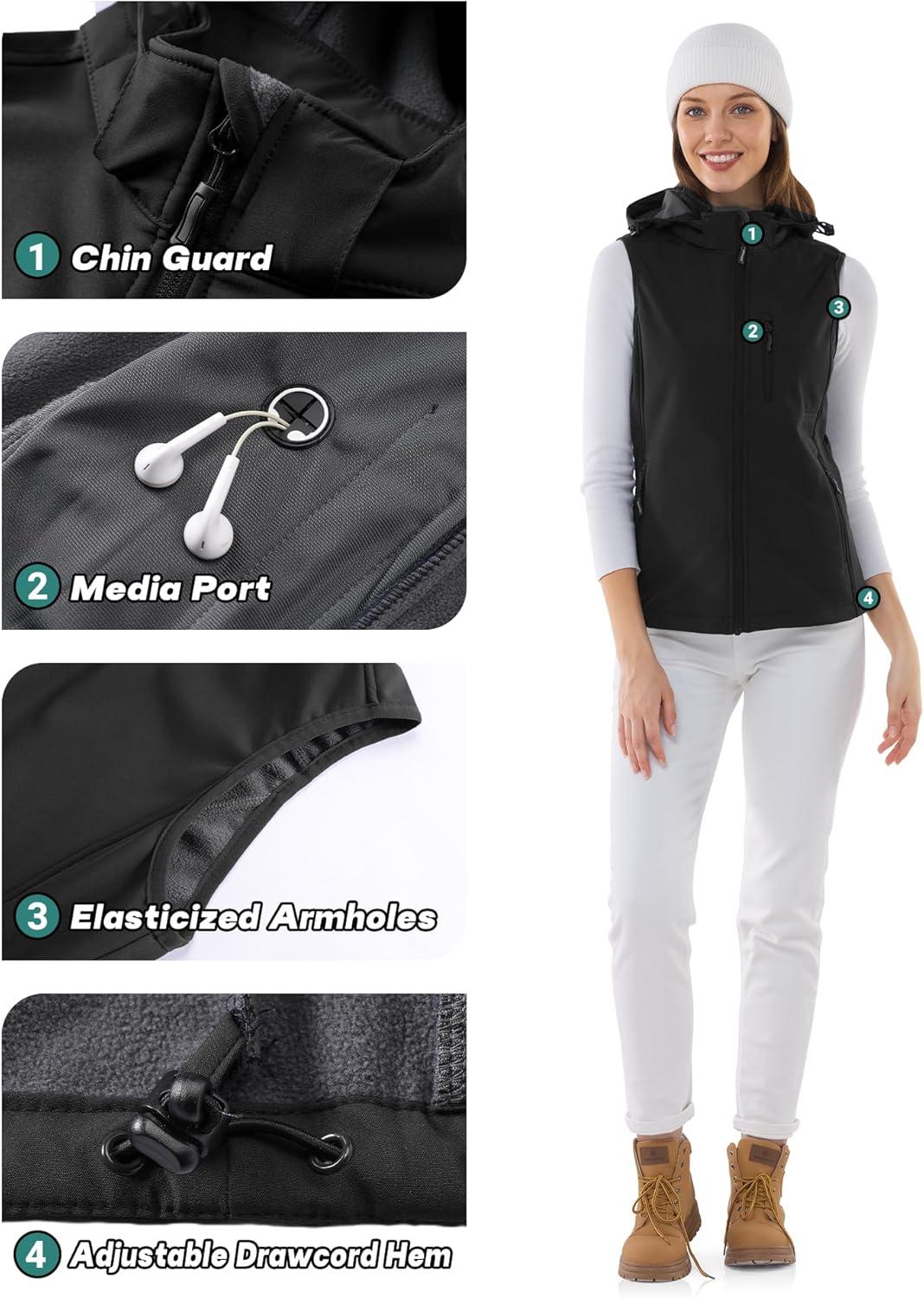 Outdoor Ventures Women’s Hooded Lightweight Softshell Vest, Windproof Fleece Lined Sleeveless Jacket for Golf Running Travel(Black)