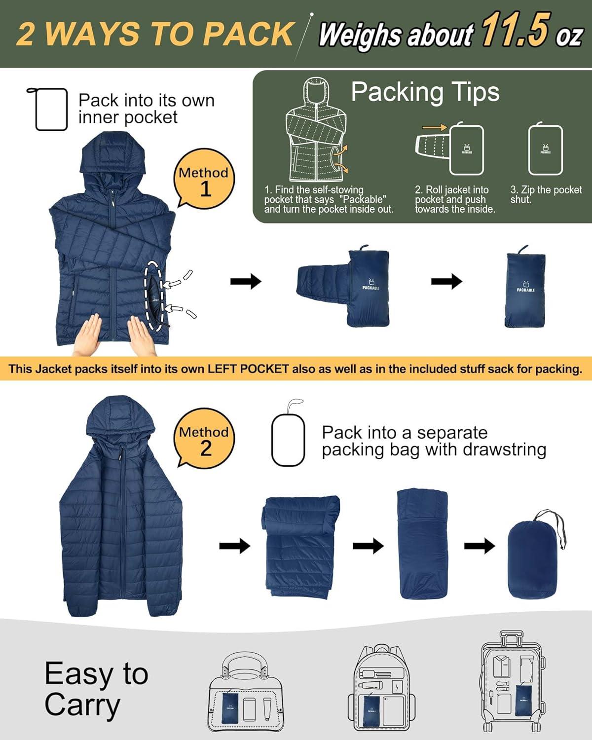 Outdoor Ventures Women’s Packable Lightweight Full-Zip Puffer Jacket with Hood Quilted Winter Coat(Navy New(fold in Pocket))