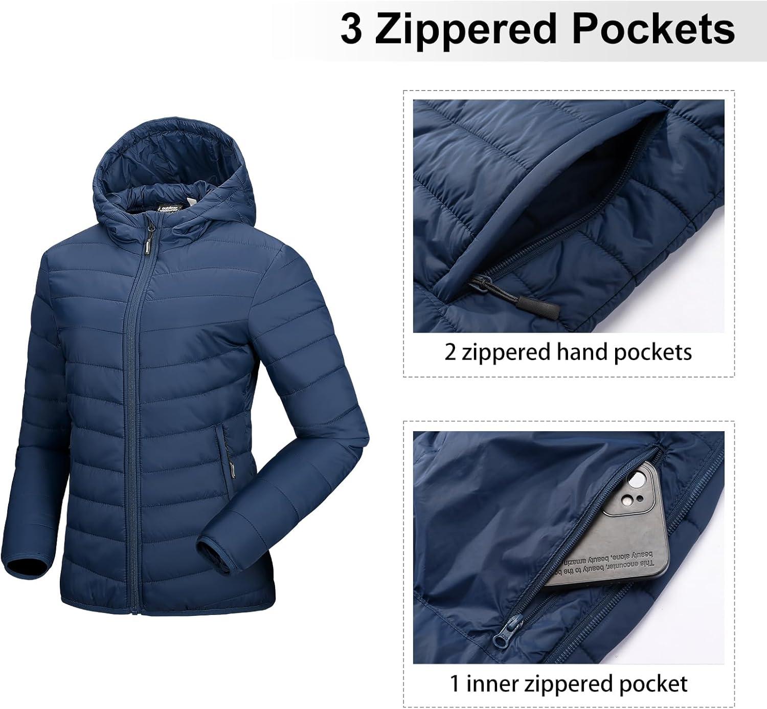 Outdoor Ventures Women’s Packable Lightweight Full-Zip Puffer Jacket with Hood Quilted Winter Coat(Navy New(fold in Pocket))