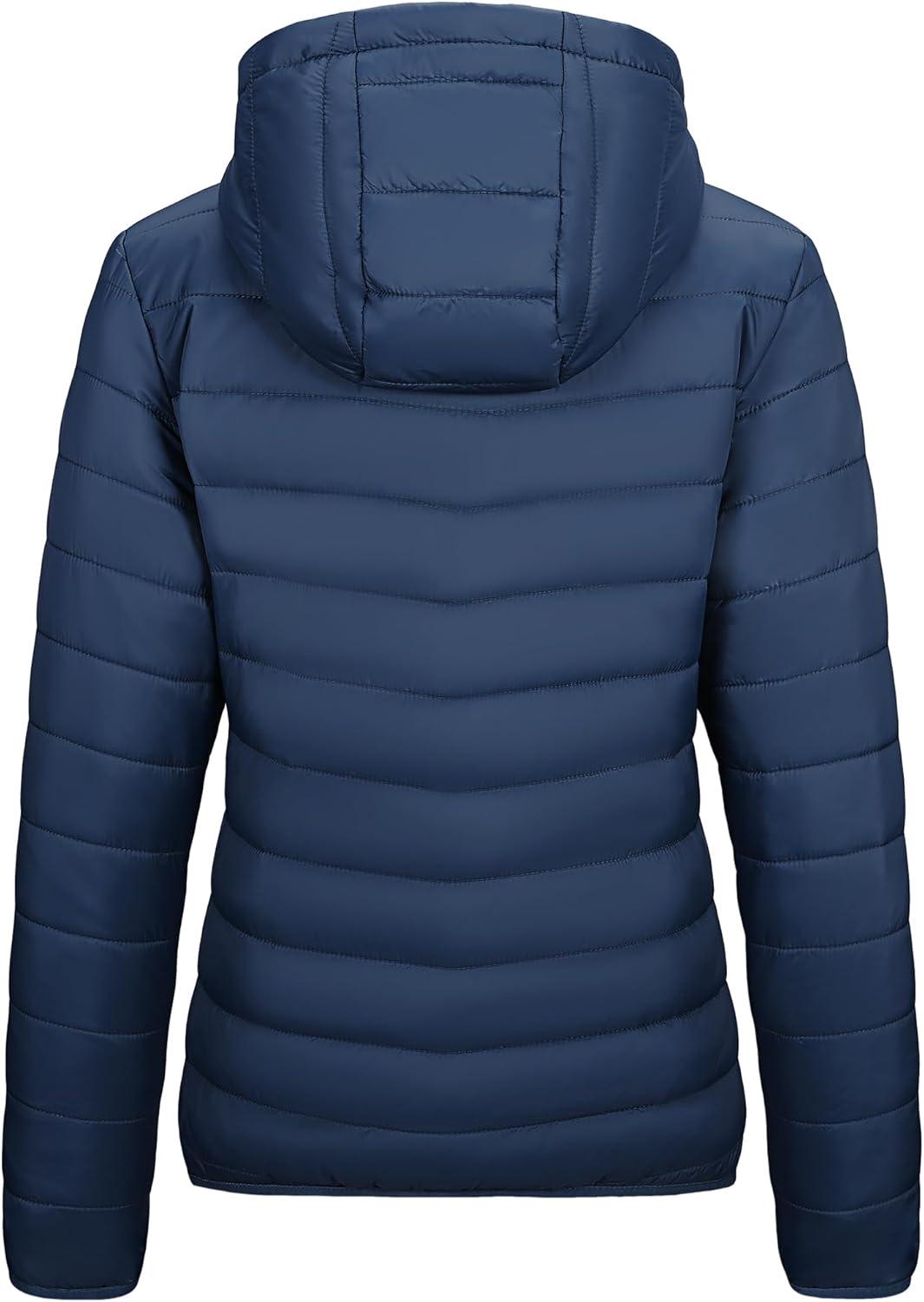 Outdoor Ventures Women’s Packable Lightweight Full-Zip Puffer Jacket with Hood Quilted Winter Coat(Navy New(fold in Pocket))