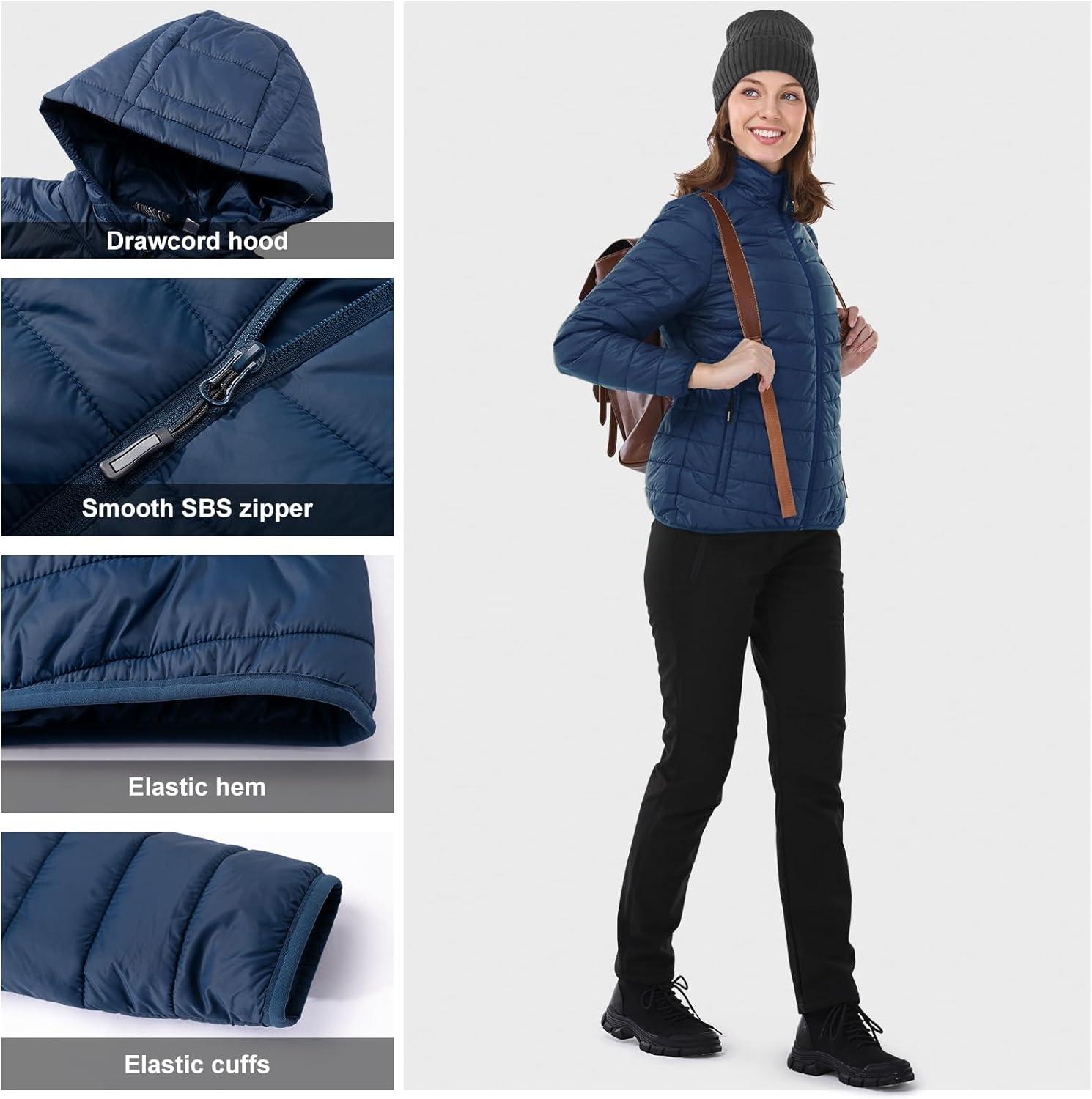 Outdoor Ventures Women’s Packable Lightweight Full-Zip Puffer Jacket with Hood Quilted Winter Coat(Navy New(fold in Pocket))