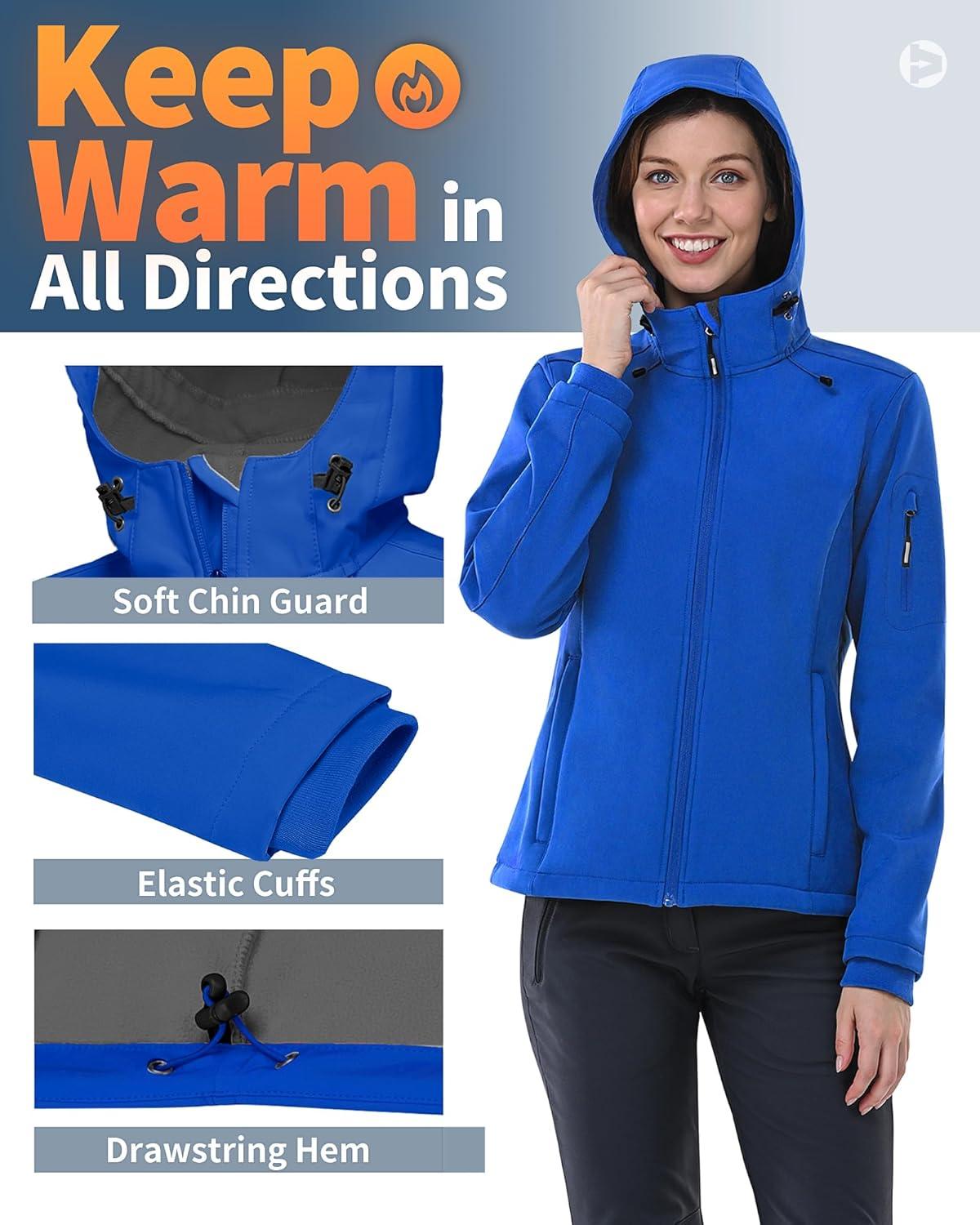 Outdoor Ventures Women’s Softshell Jacket with Hood Fleece Lined Warm Lightweight Waterproof Insulated Windbreaker(Klein Blue)